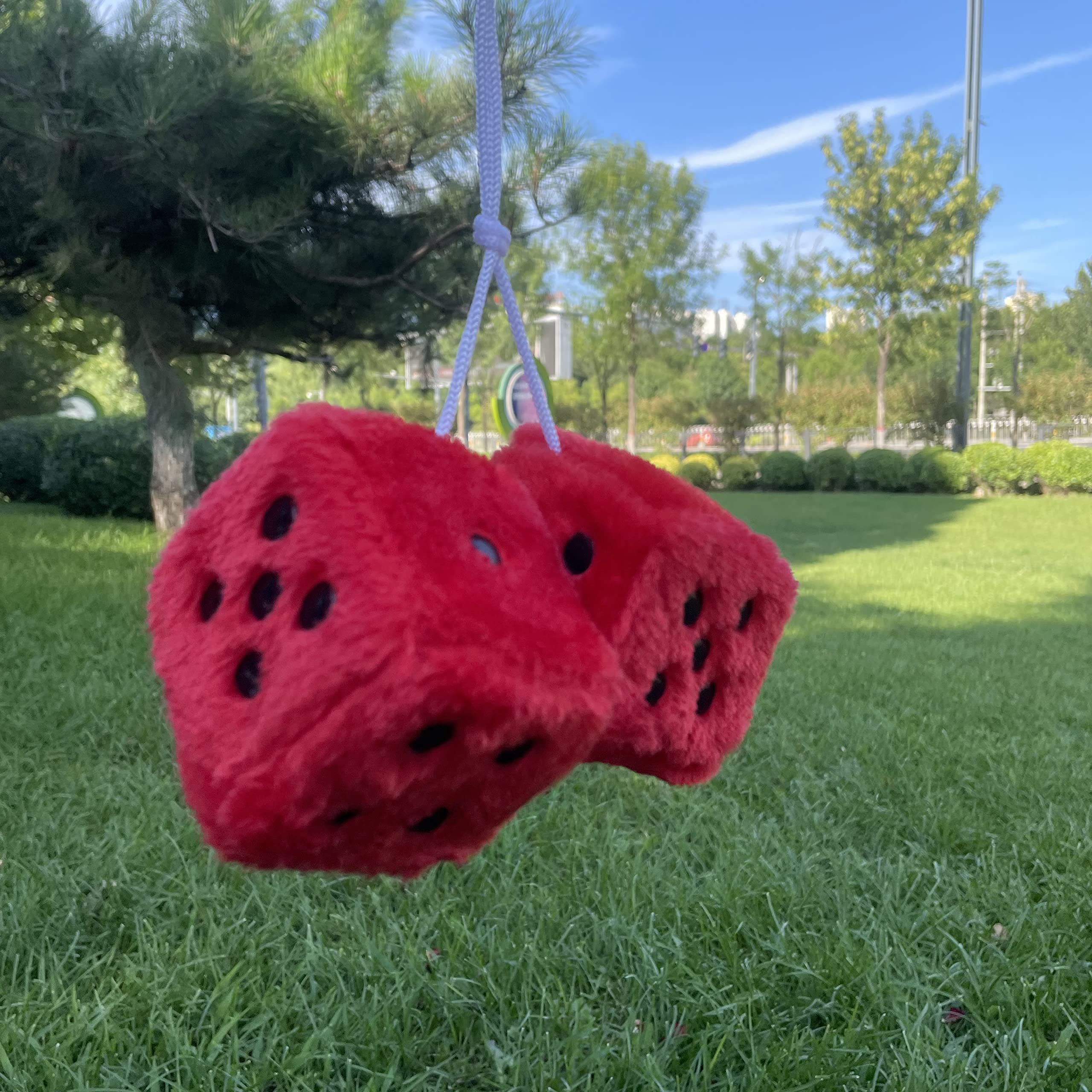 Retro Square Mirror Hanging Fuzzy Plush Dice for Car Interior Decoration - 1 Pair Red Dotted Couple Dice for Rearview Mirror, Dashboard & Gift Giving