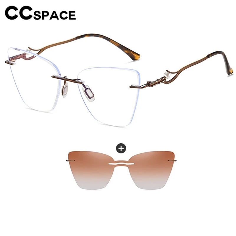 CCspace Women's Rimless Cat Eye Alloy Eyeglasses Clip-On Sunglasses - Lightweight UV Protection for Driving, Reading & Outdoor Activities