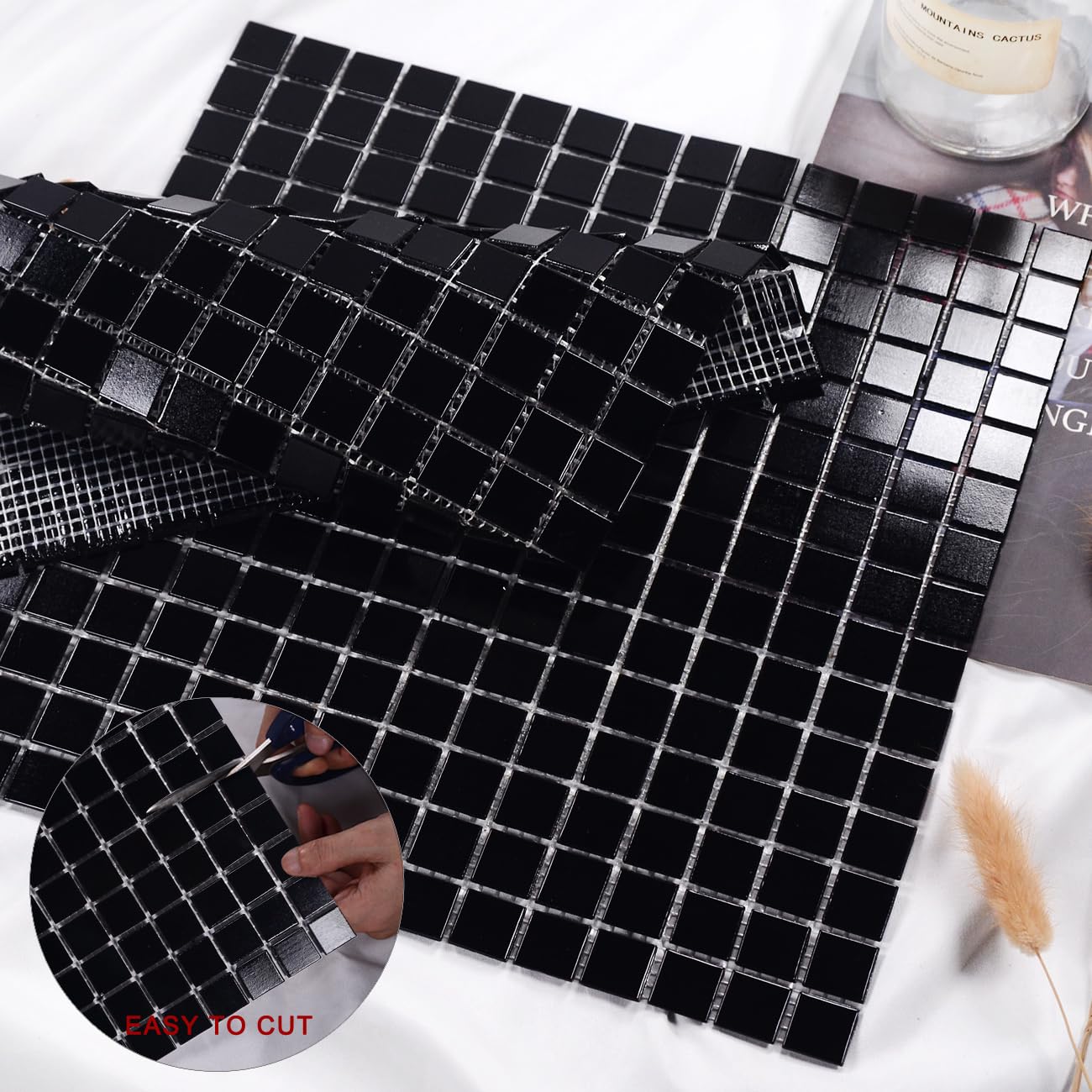 11.5sqft Black Glass Mosaic Tiles - Premium Bathroom Floor & Wall Tile, Kitchen Backsplash, Shower, Steam Room, Fireplace Accent - Ideal for Homes, Restaurants, Hotels, Pools (10pcs, Black) - Waterproof & Durable for High-Moisture Areas