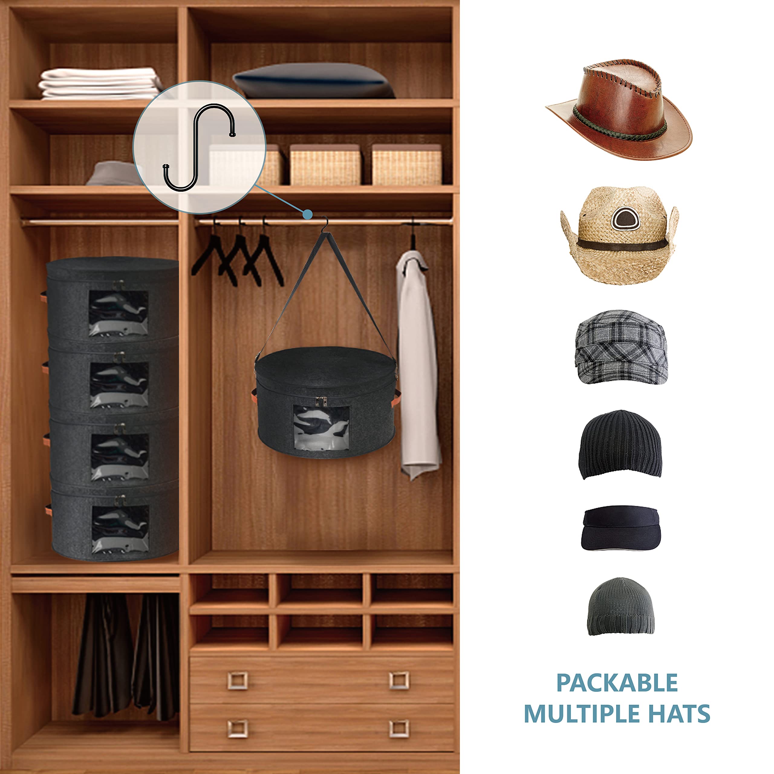 Black Hat Box for Men & Women | Universal Travel Hat Organizer | Large Round Foldable Dustproof Storage with Lid | Cowboy Hat & Stuffed Animal Organizer | Perfect for Closet, Travel & Toy Storage