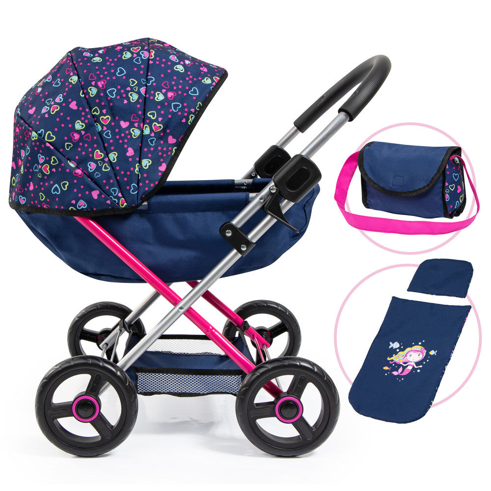 Bayer Design Baby Doll Pram Set with Cozy Blanket & Pillow - Blue, Pink, Heart Pattern | Perfect for Newborn Role Play & Nursery Decor