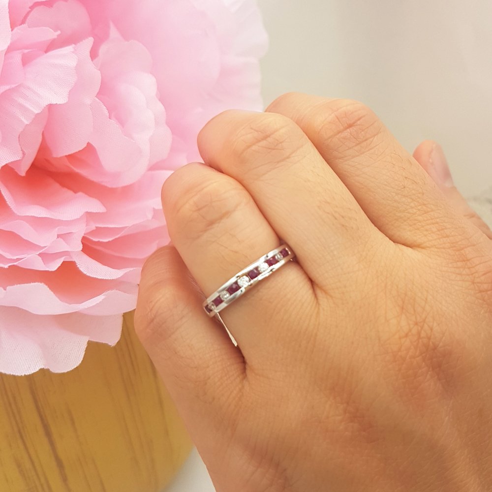 10K Solid White Gold Round Ruby & White Diamond Stackable Ring for Women - Anniversary, Wedding, Engagement Jewelry Gift - Perfect for Bridal Sets, Proposals & Special Occasions
