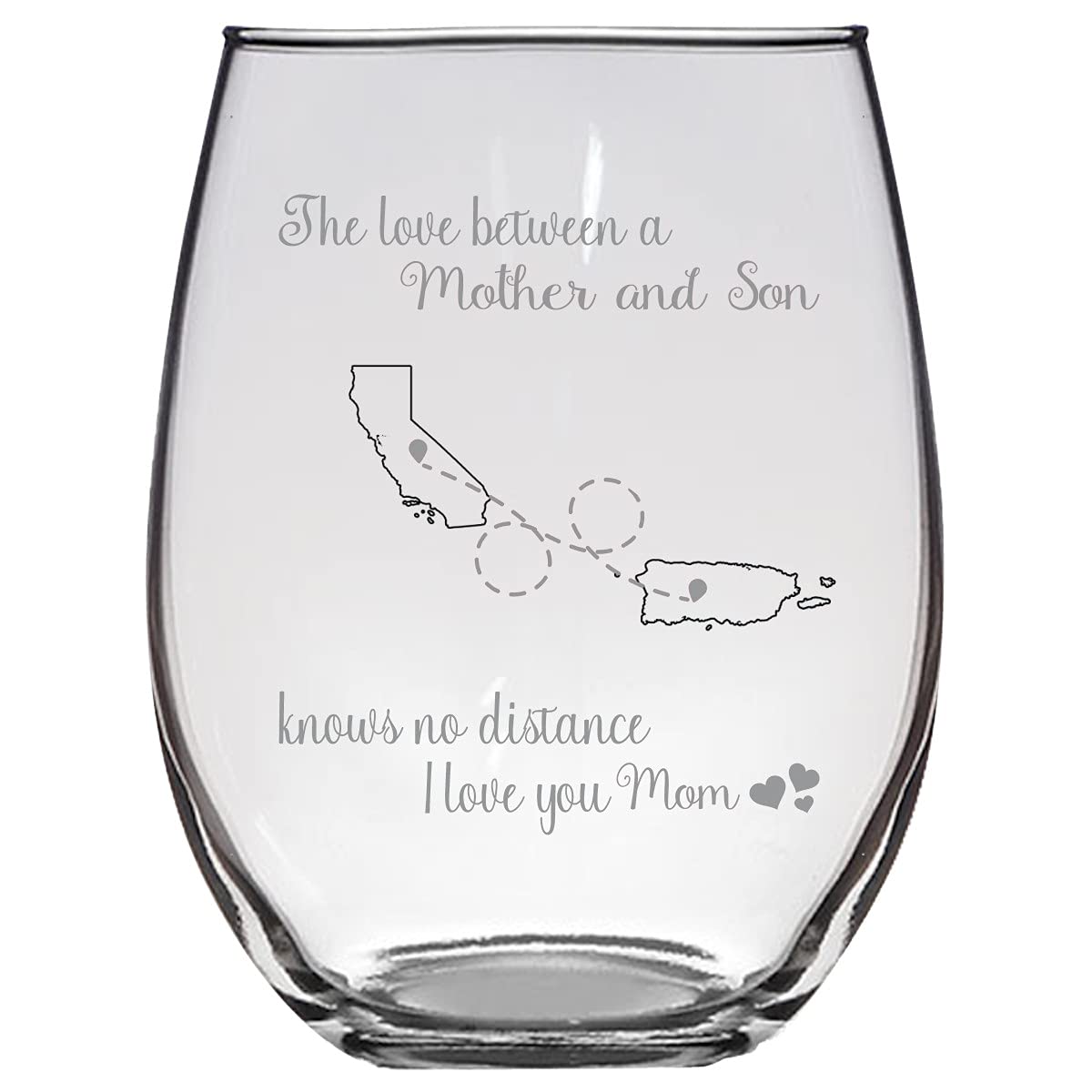 California Puerto Rico Mothers Day Stemless Wine Glass - 20oz I Love You Mom Gift for Long Distance Mother-Son Bond - Perfect for Wine Nights, Special Occasions & Thoughtful Celebrations