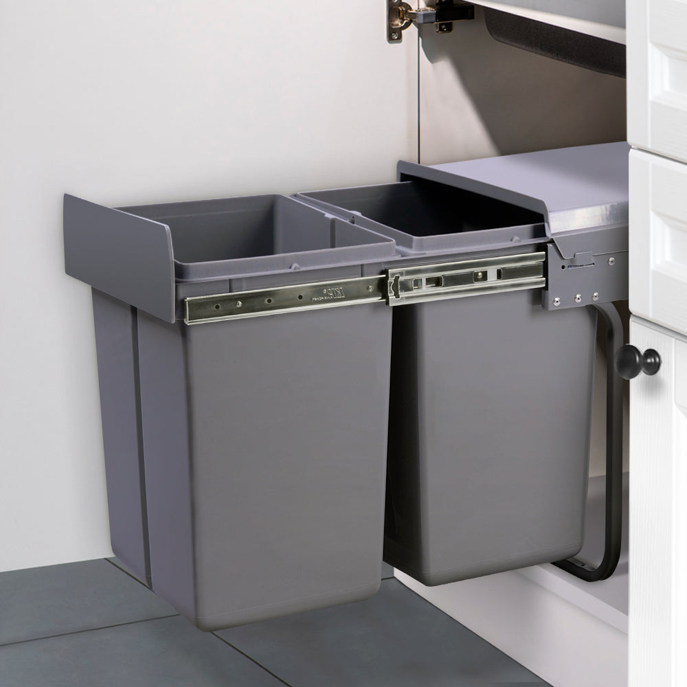 Cefito 2x20L Pull Out Trash Can - Dual Compartment Kitchen Waste Bin with Soft Close, Grey - Perfect for Under Sink, Pantry & Bathroom Organization