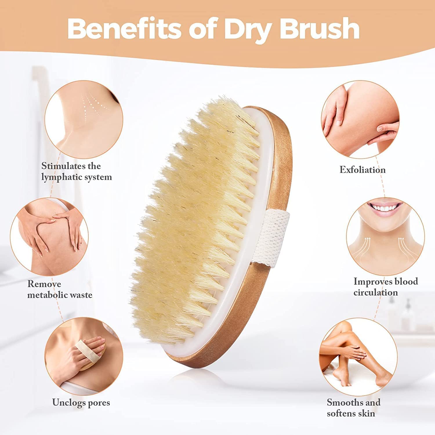 MustHome Natural Bristle Dry Brushing Body Brush - Exfoliating Scrubber for Bathing & Dead Skin Removal - Brown Wooden Handle for Spa, Shower & Self-Care Routine