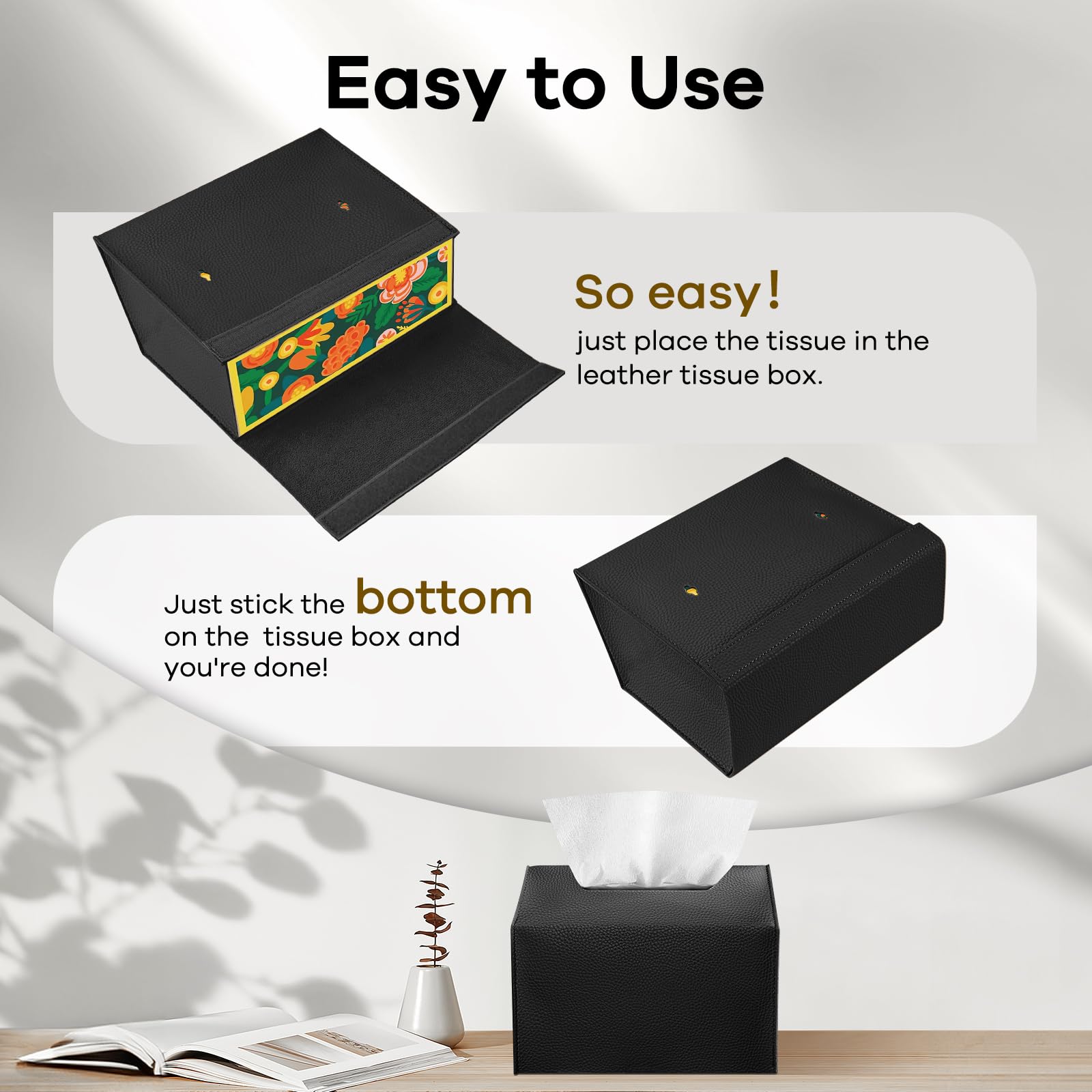 Kleenex Compatible Disposable Hand Towel Box Cover - Leather Tissue Box Holder for Bathroom, Kitchen & Office (Black, 1-Pack) | Stylish & Functional Paper Towel Organizer