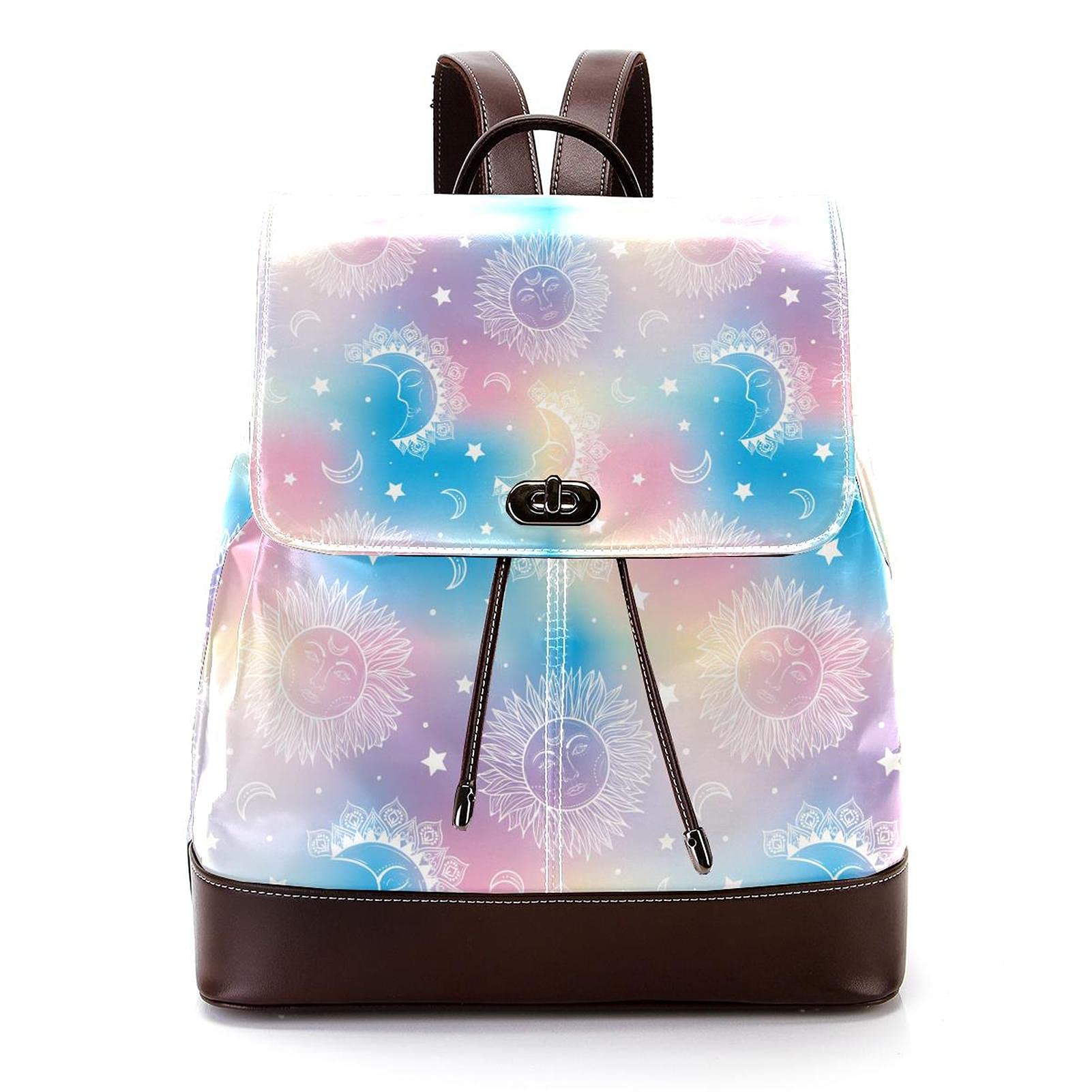 Galaxy Opal Moon Sun PU Leather Backpack - Stylish School Bag & Laptop Backpack for Women, Perfect for Dating, Hiking, Travel & College Use