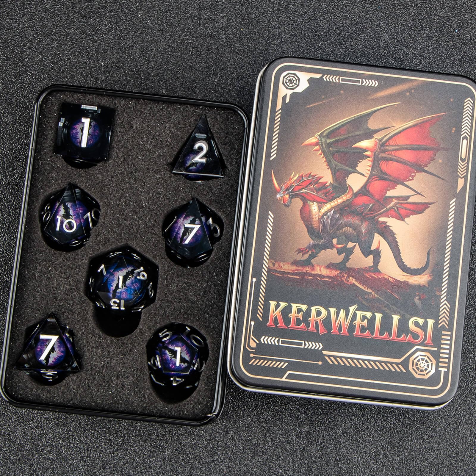 KERWELLSI Sharp Edge Resin Dragon Eye DND Dice Set - 7-Piece Polyhedral RPG Dice for Dungeons & Dragons (D20, D12, D10, D8, D6, D4) with Purple Float Liquid Core & Gift Box - Perfect for Tabletop Gaming, D&D Campaigns, and Fantasy Roleplaying