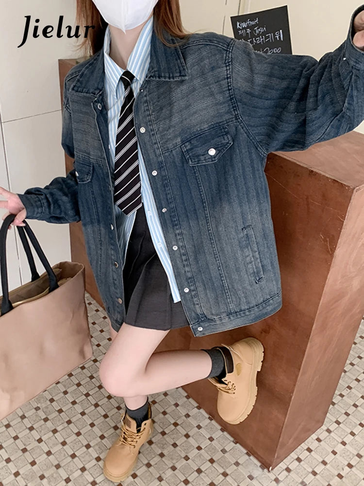 Vintage Striped Denim Jacket for Women - Autumn Long Sleeve Loose Fit Single Breasted Coat with Lapel, Streetwear Gradient Top (S-XL) | Casual Outing, Fall Fashion, Boho Style