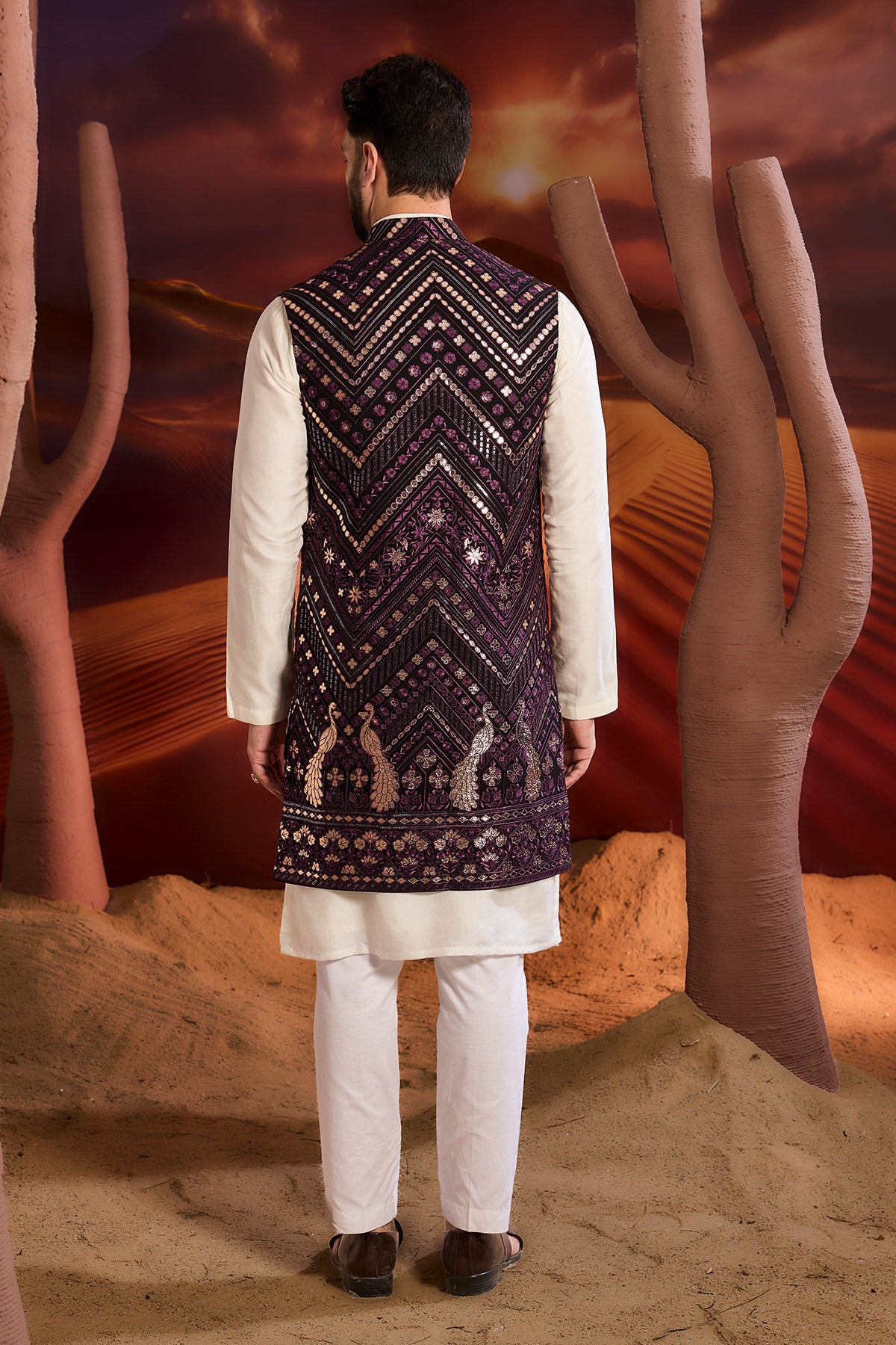Elegant Purple Long Open Shrug with Intricate Leather Patchwork - Boho Chic Cardigan for Women | Perfect for Fall Layering, Date Nights & Casual Outings