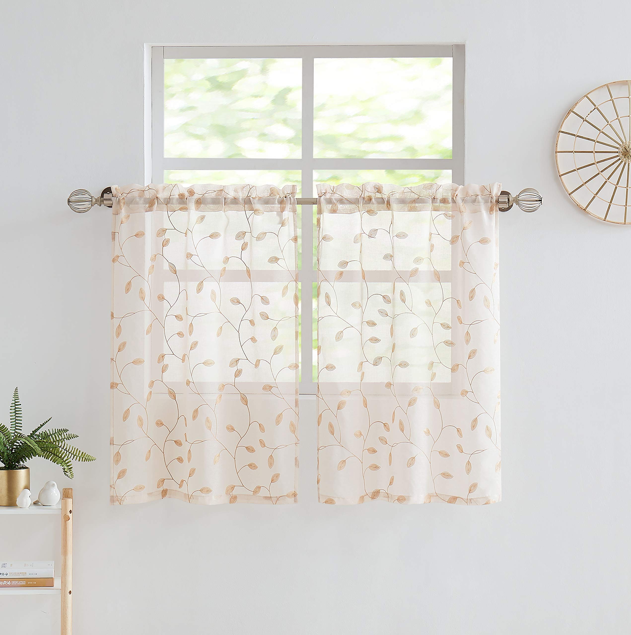 Fragrantex Embroidered Leaf Sheer Kitchen Curtains - 36 Inch Length, Champagne Linen Floral Leaves Window Panels (2 Pack, 28