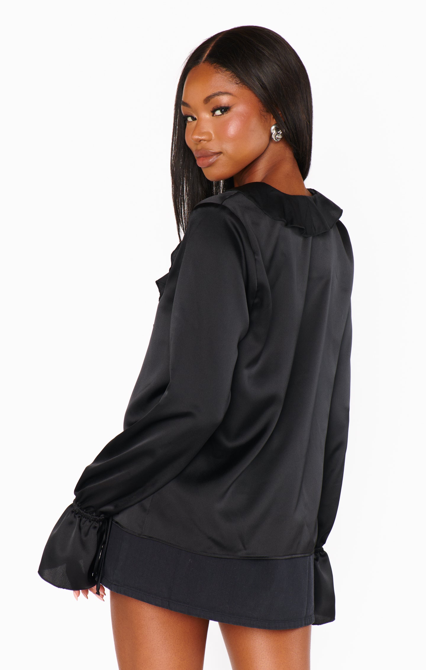 Adela Ruffle Top Women's Elegant Black Luxe Satin Blouse - Perfect for Date Night, Cocktail Parties & Special Occasions