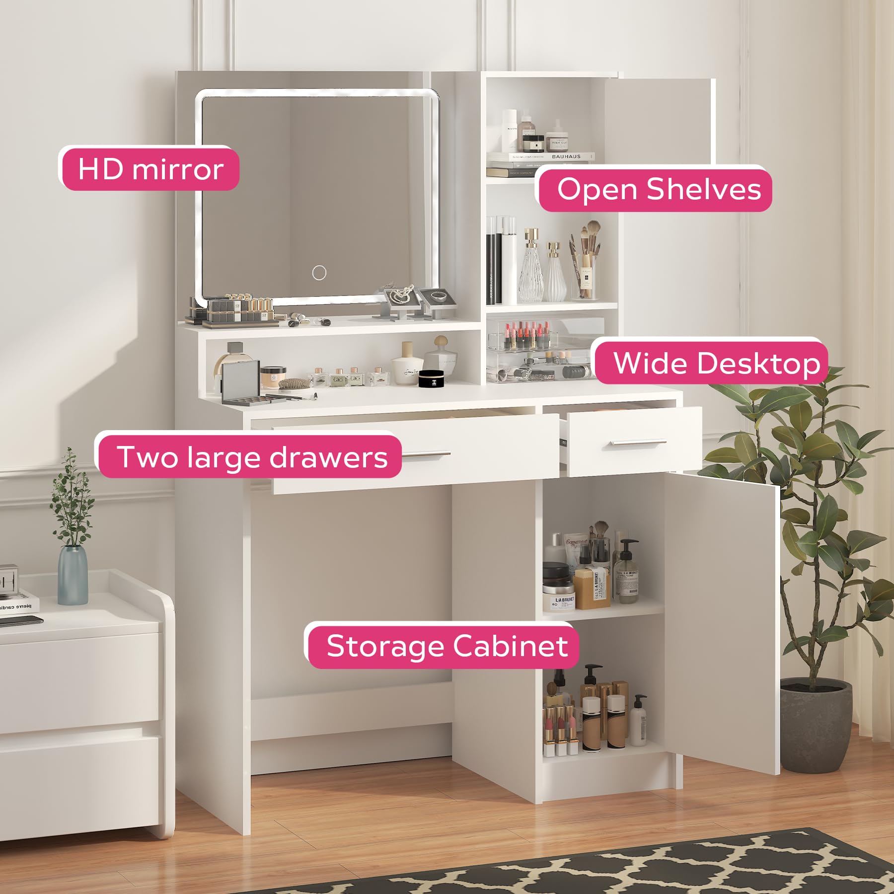 Vanity Desk with Mirror & LED Lights - Adjustable Brightness 3 Lighting Modes, Large Drawer & 3-Tier Storage Dresser for Bedroom Makeup & Dressing Area | Perfect for Home Beauty Station, Cosmetics Organization & Vanity Setup