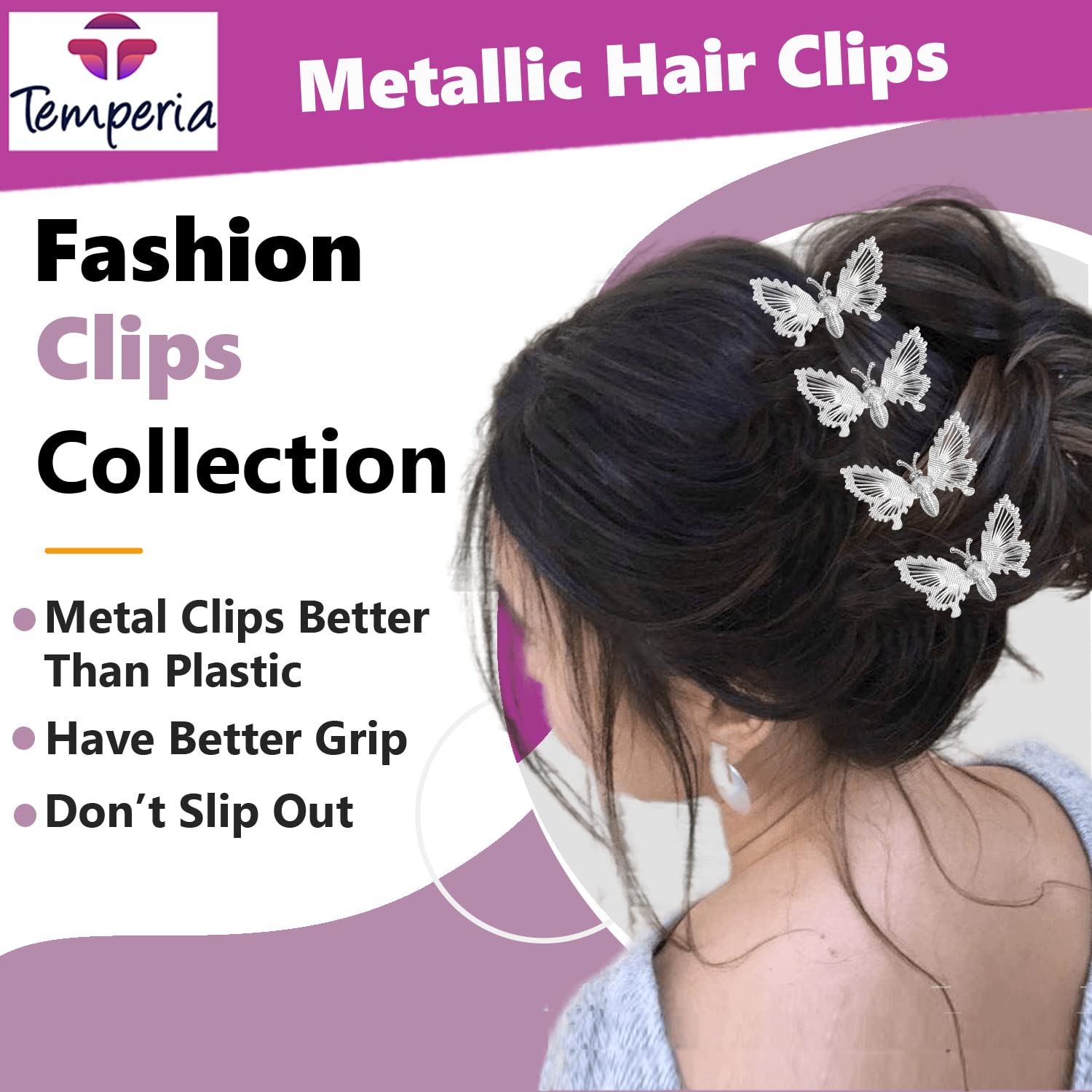 Stylish Butterfly Hair Pins for Women & Girls - 6 Pack Silver Bridal Hair Clips for Bun, Braid & Hairstyle Decoration - Perfect for Weddings, Parties & Everyday Wear