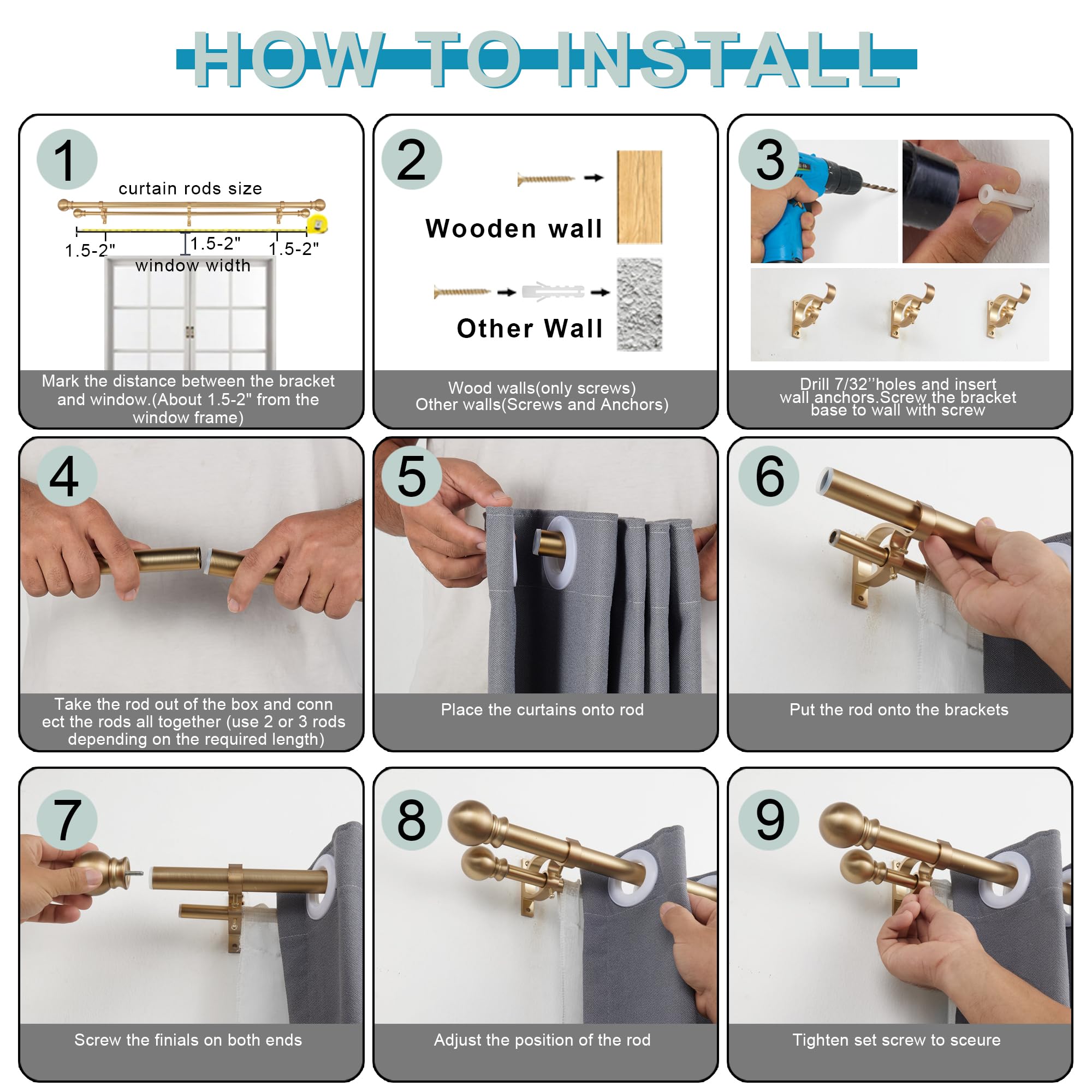 36-72 Inch Adjustable Warm Gold Double Curtain Rod Set - 1’’ Front & 5/8’’ Back Drapery Rod with Small Round Ball Finials & Aluminum Brackets for Sheer/Blackout Curtains - Perfect for Living Room, Bedroom & Bay Windows