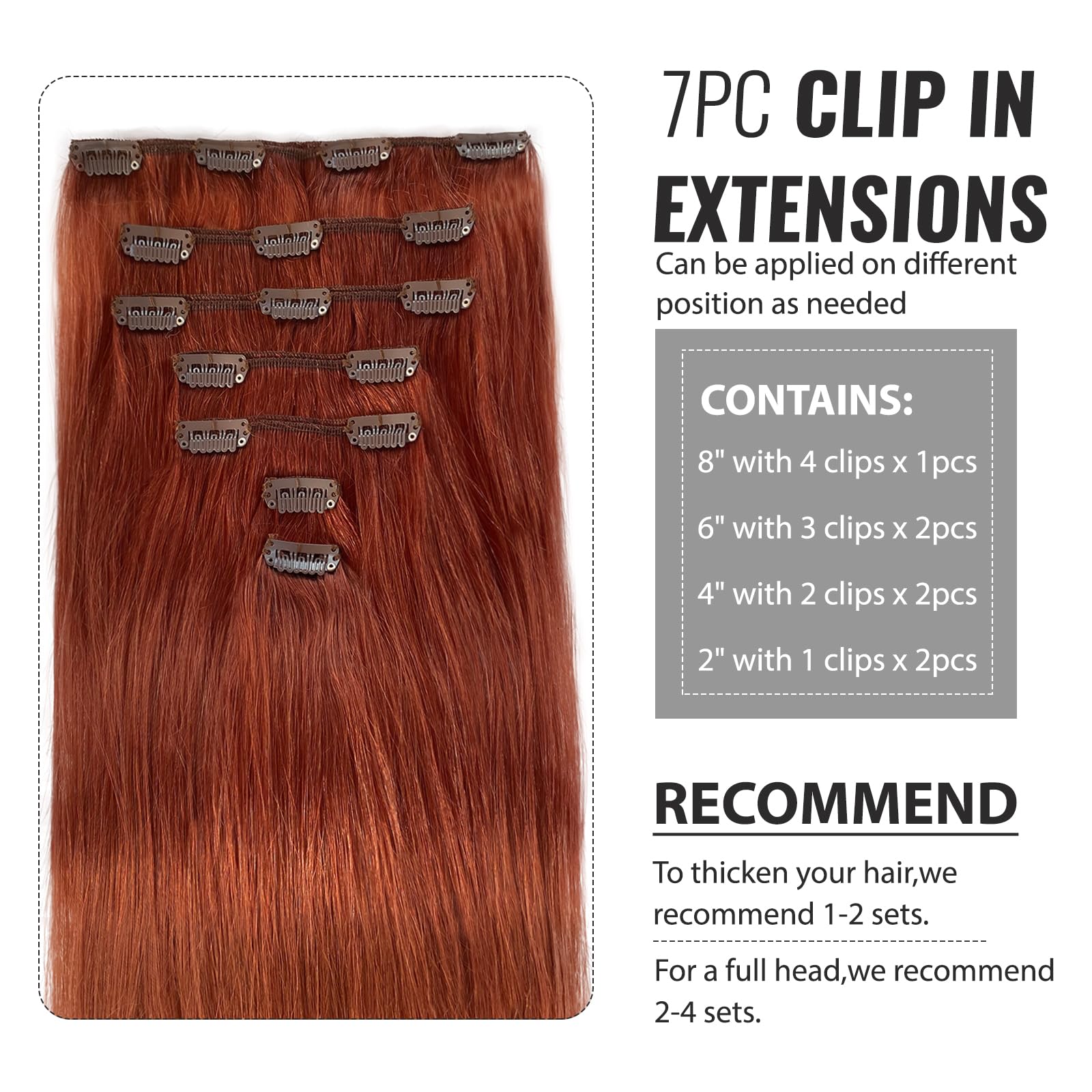 Belaved 14 Inch 70g Auburn Remy Human Hair Extensions Clip-Ins for Women - 7pcs Seamless Natural Hair Extensions #135 - Perfect for Parties, Weddings & Daily Styling