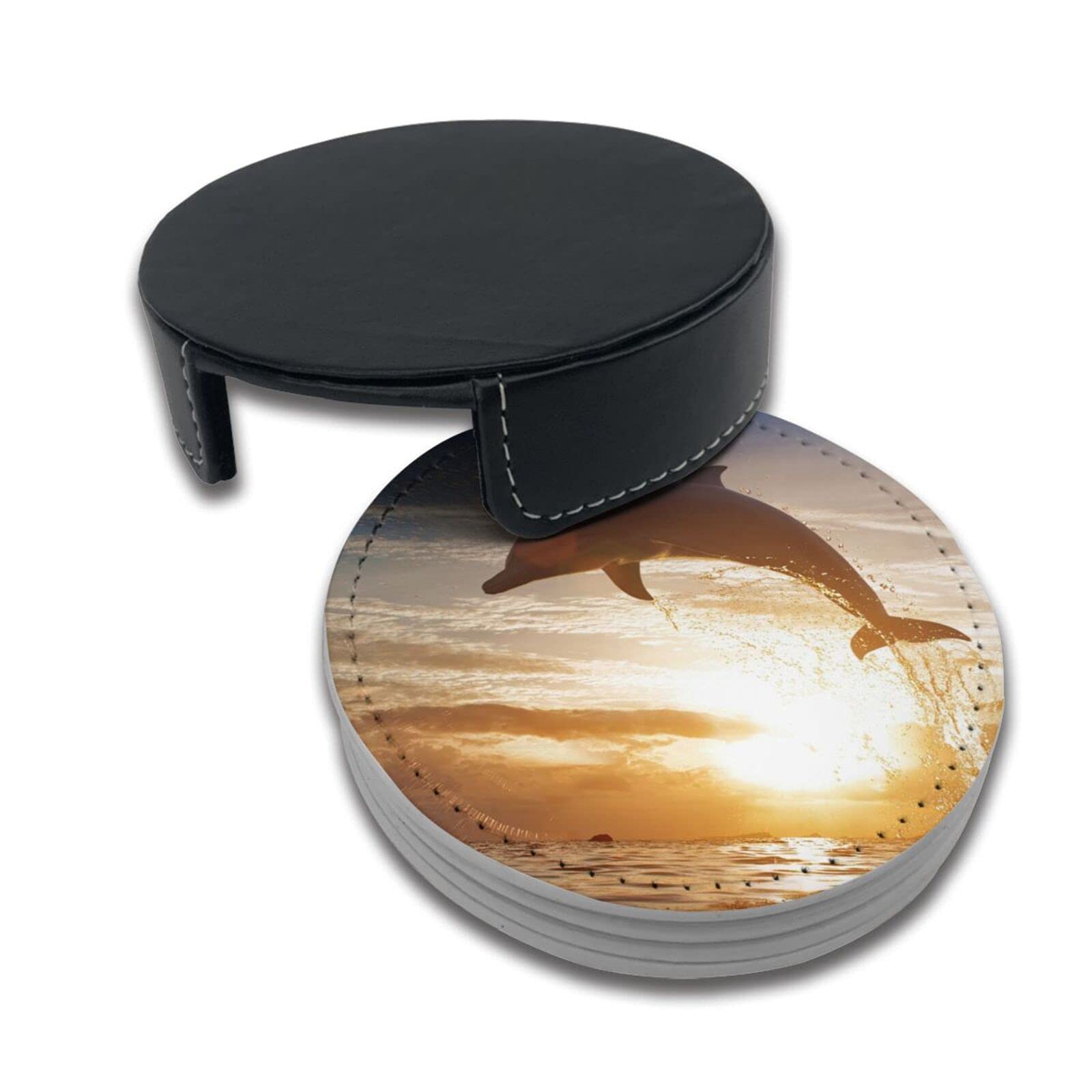 Premium Dolphin Sunrise Leather Coasters Set of 6 with Holder - Waterproof Drink Coasters for Coffee, Wine & Beer Cups - Perfect for Home, Office & Restaurant Use