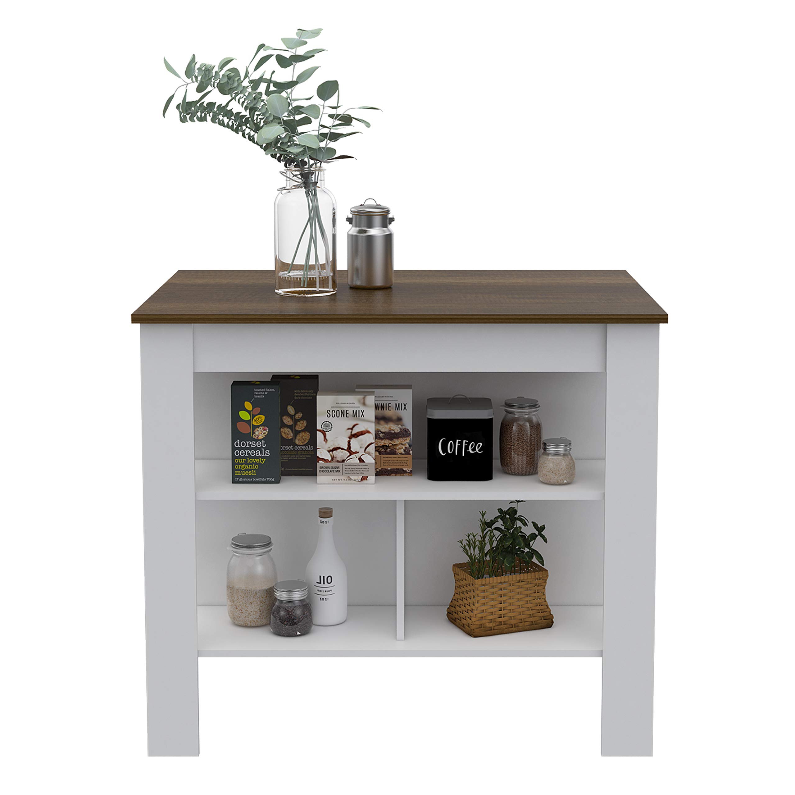 White Kitchen Island with Caramel Top & 3 Shelves for Small Spaces