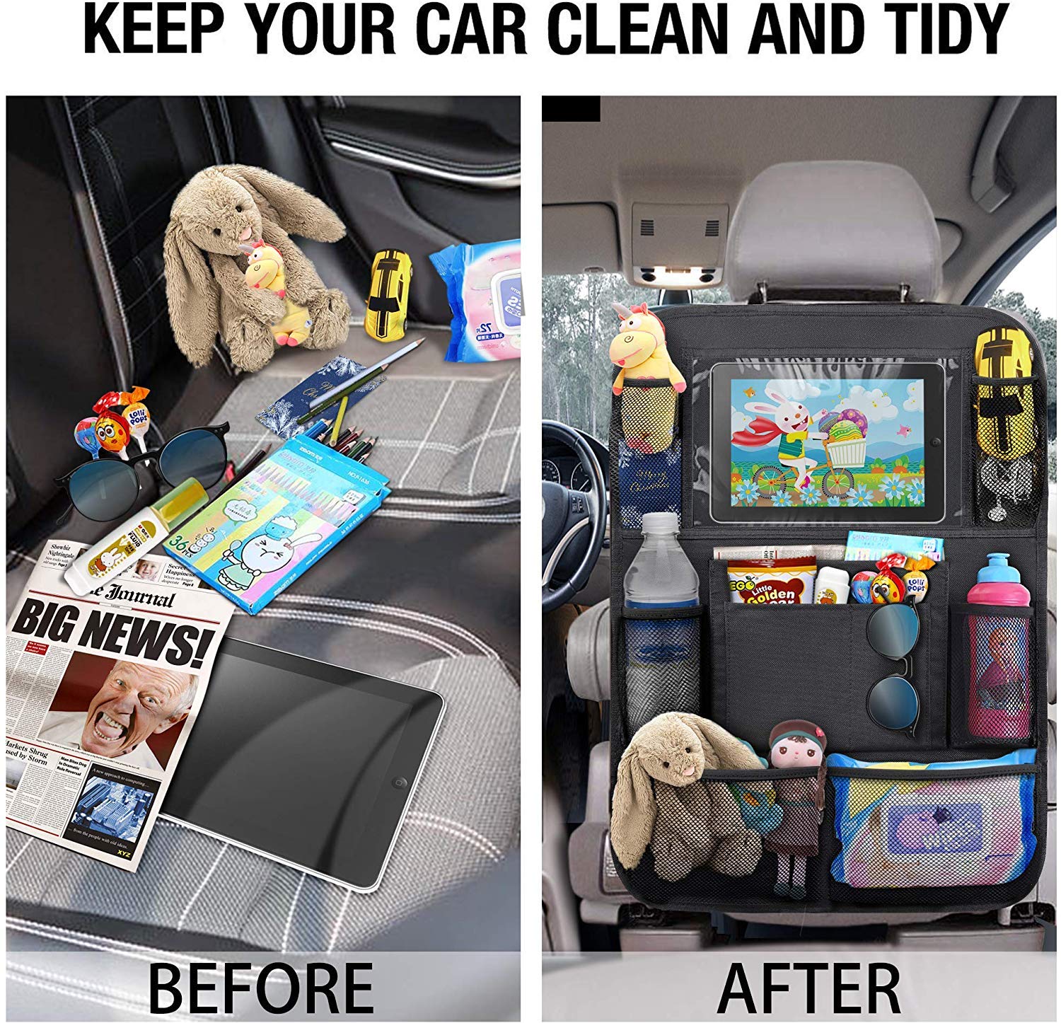 UBANTE Car Backseat Organizer with Touch Screen Tablet Holder - 9 Storage Pockets & Kick Mats - Car Seat Back Protector for Kids & Toddlers - Travel Accessories for Road Trips & Family Vacations (2 Pack)