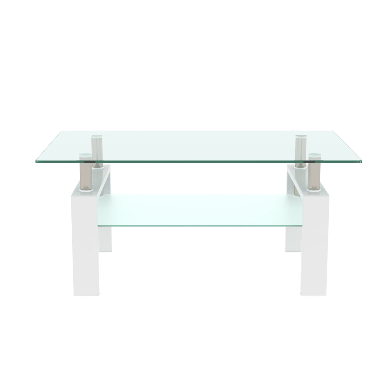 Modern White Tempered Glass Coffee Table with Storage Shelf & Metal Frame - Stylish Living Room Side Table for Home Decor & Small Space Organization