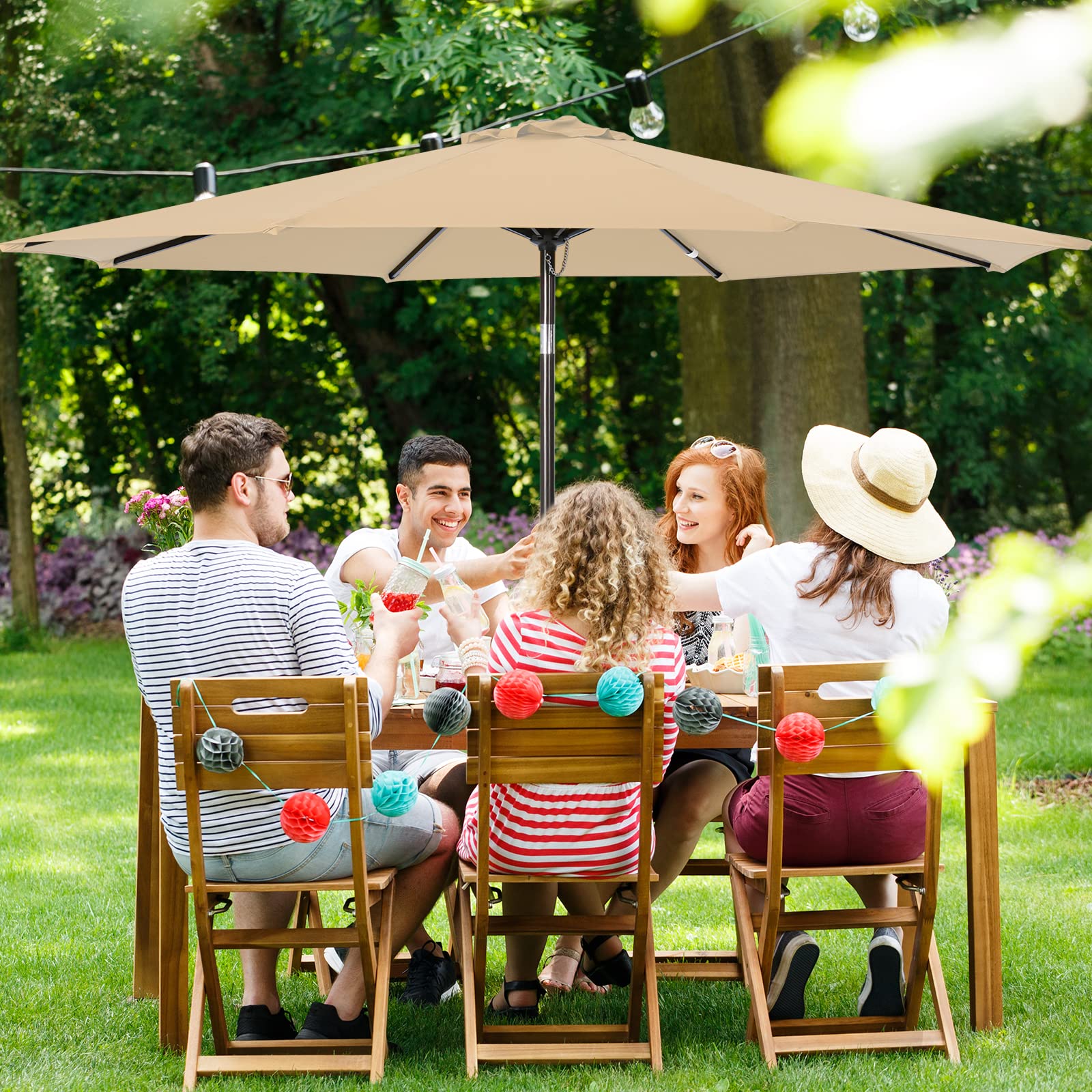 9FT Outdoor Patio Umbrella with Tilt & Crank Lift - Beige Market Umbrella for Garden, Poolside, Backyard, Restaurant (Sun Shade for Outdoor Dining, Lounging)