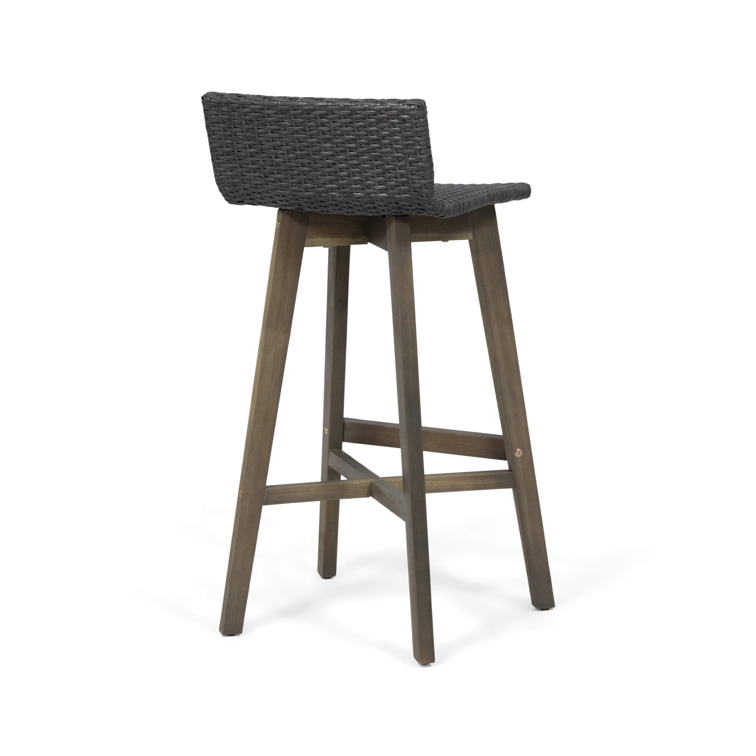 GDFStudio 4-Piece Gray Outdoor Wood & Wicker Bar Stools Set - Weather-Resistant Patio, Poolside & Garden Furniture for Backyard, Deck & Outdoor Dining