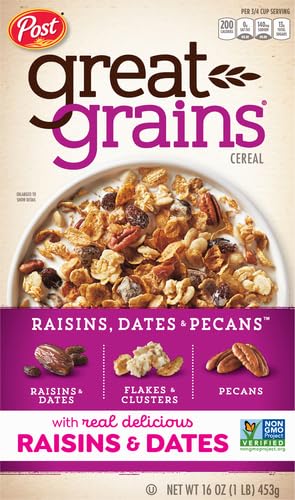 Great Grains Raisins, Dates & Pecans Breakfast Cereal - Crunchy Granola Clusters with Sweet Raisins & Dates | Non-GMO Project Verified | 16oz Box | Perfect for Healthy Breakfast, Snacks & On-the-Go Meals