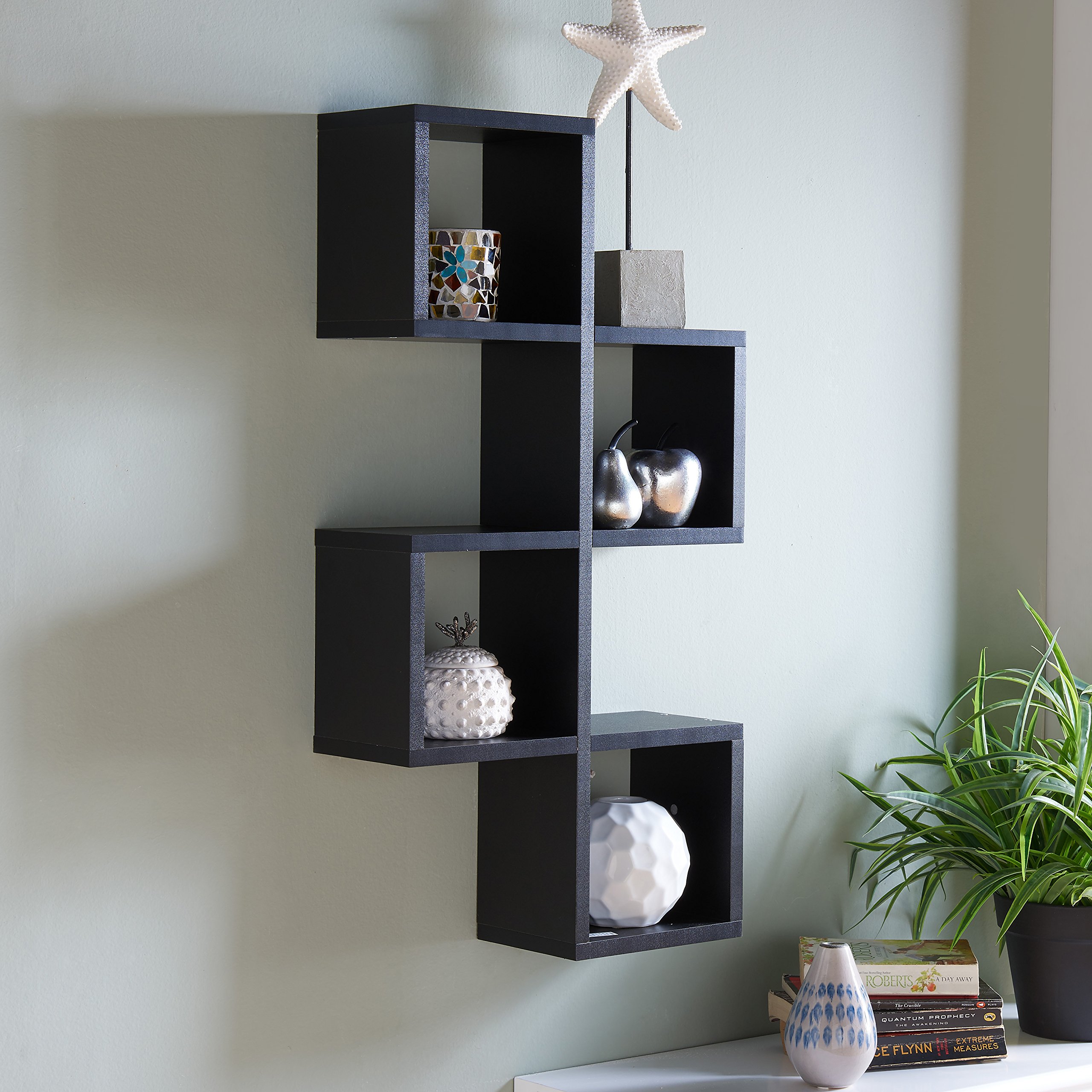 Danya B. Cubby Chessboard Wall Shelf - Horizontal or Vertical Mount, Black Wooden Organizer for Living Room, Bedroom & Office Storage