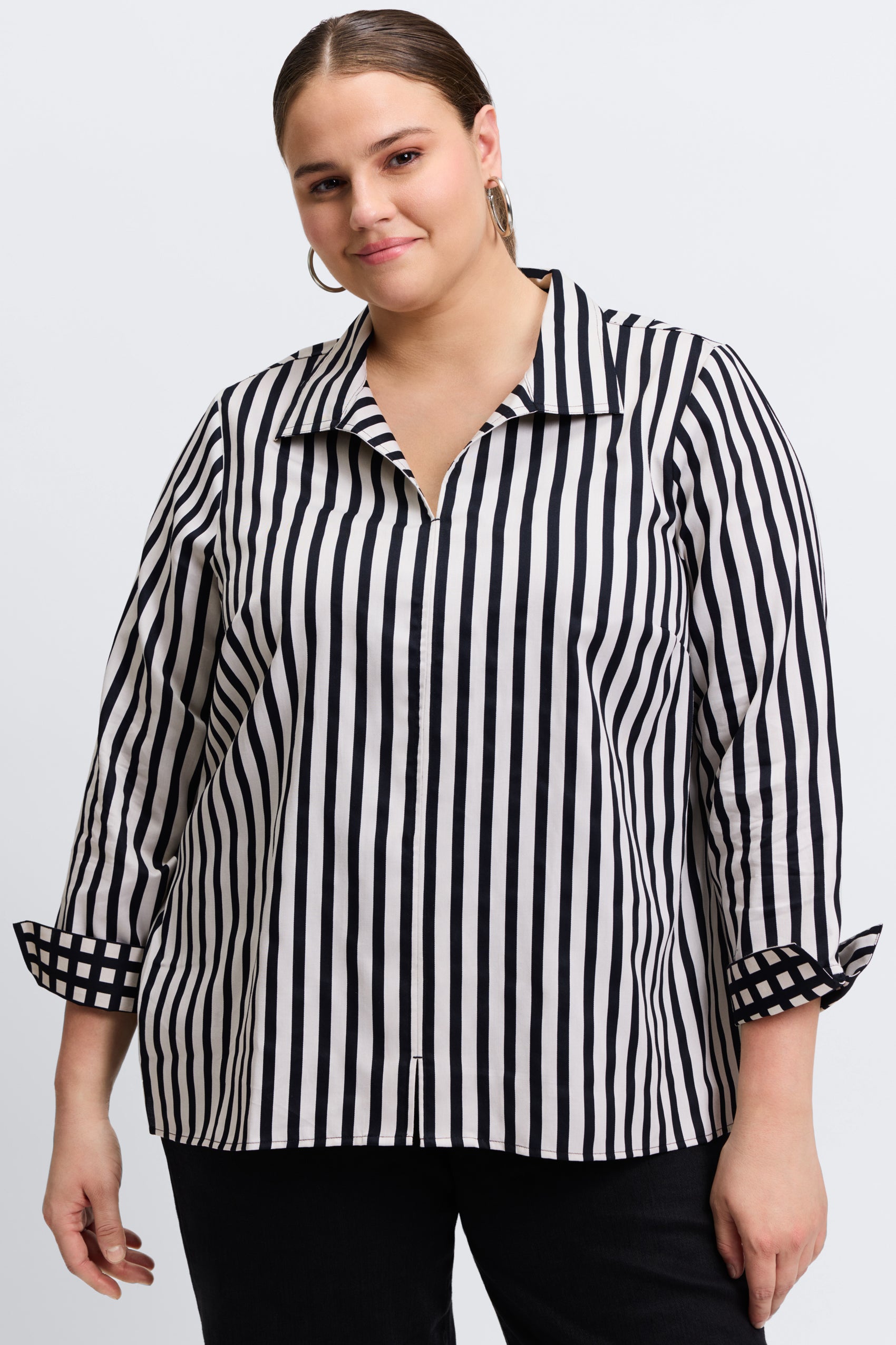 Agnes Plus Women's Long Sleeve Popover Shirt - Striped & Gingham Pattern Casual Button Down Top for Work, Office, and Everyday Wear