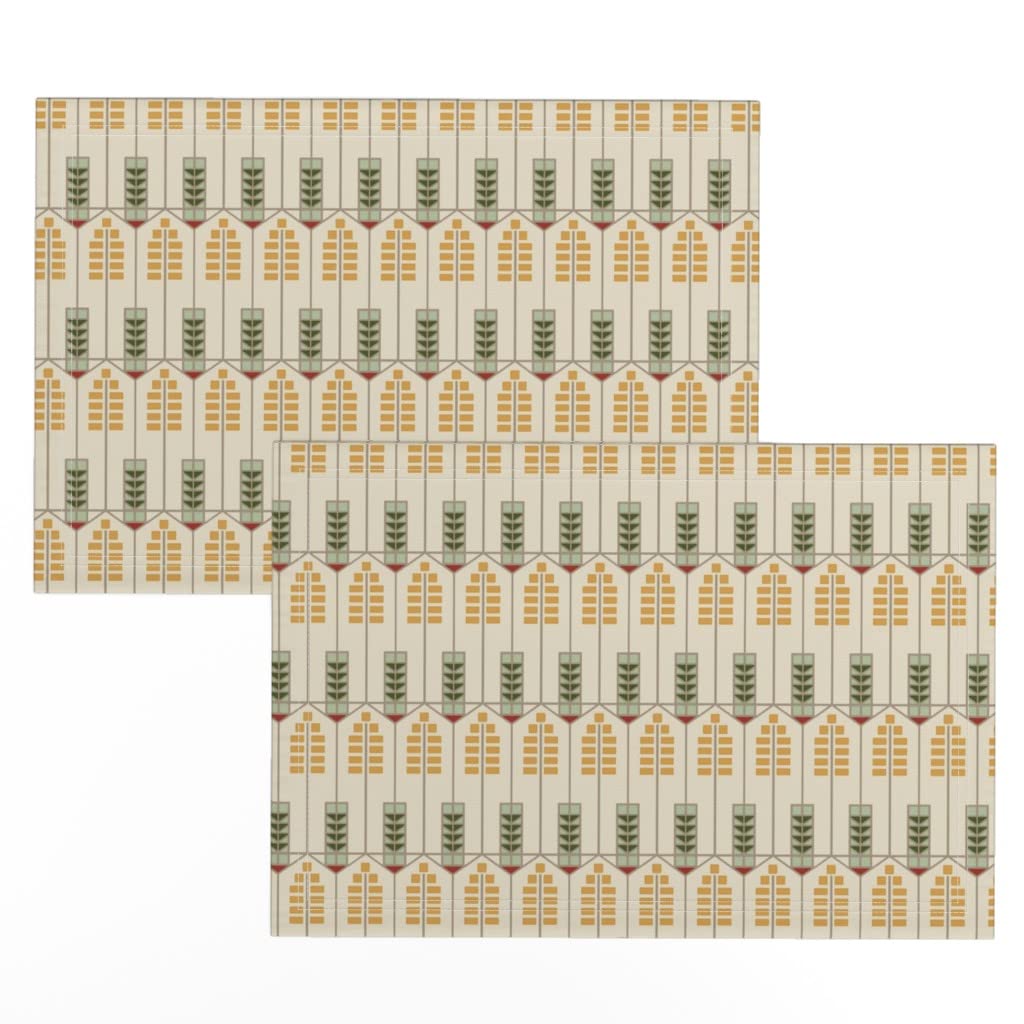 Premium Linen Cotton Canvas Placemats Set of 2 - Geometric Gold Green Tan Arrow Pattern Neutral Print Table Mats for Dining Room Decor, Kitchen Table Setting & Modern Home Accessories