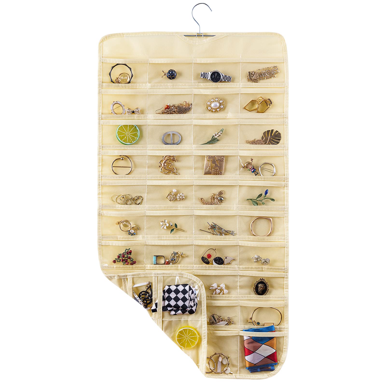 Bloss Hanging Jewelry Organizer - 80 Pockets Double-Size Jewelry Hanger for Earrings, Necklaces & Bracelets Storage | Beige Jewelry Display & Organizer | Perfect for Bedroom, Closet & Travel Use