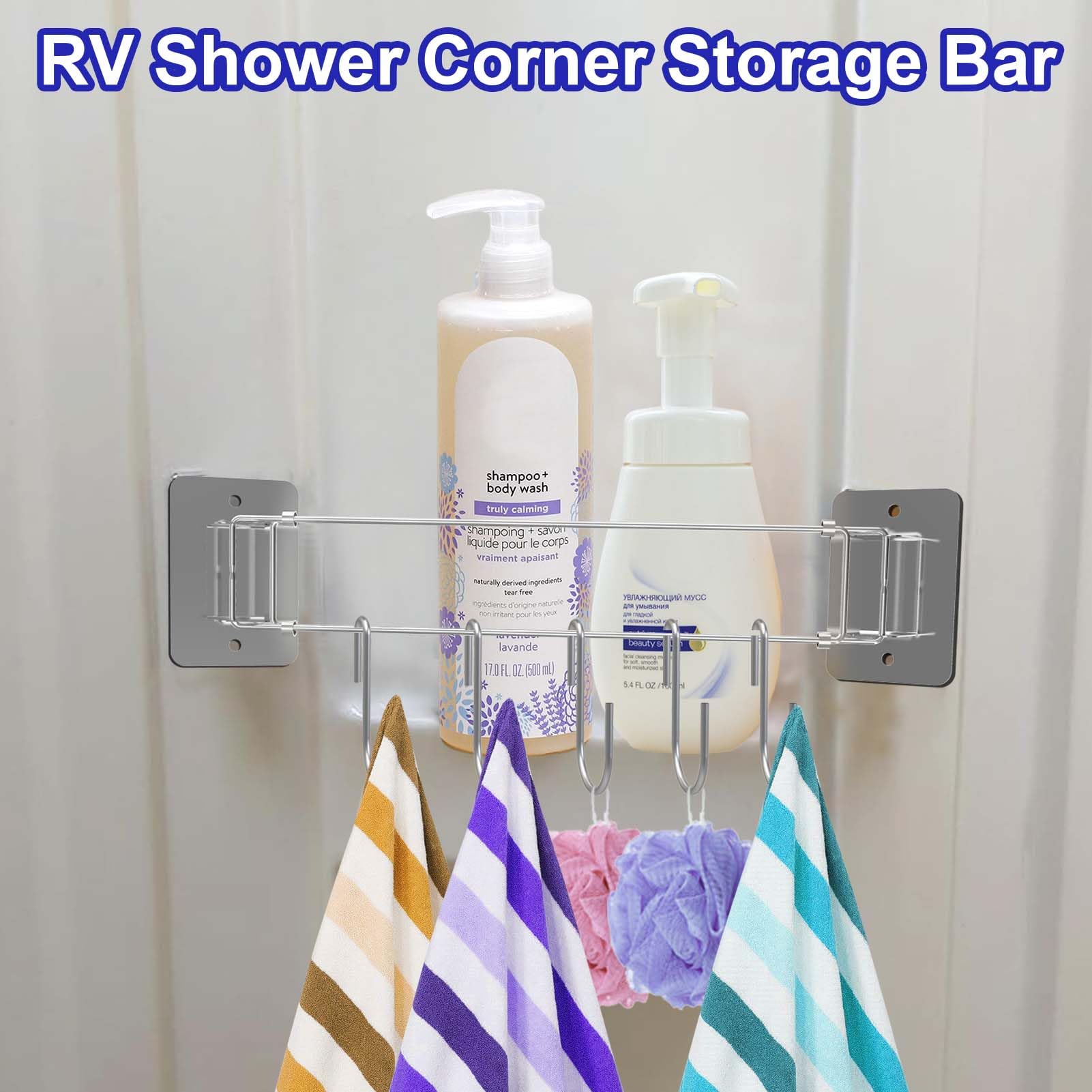 Adjustable RV Shower Corner Storage Bar with 5 Hooks - 7-13 Inch Tension Rod for Camper & Travel Trailer - Organize Kitchen & Bathroom Essentials - Perfect for RV, Motorhome, and Tiny House Living Spaces
