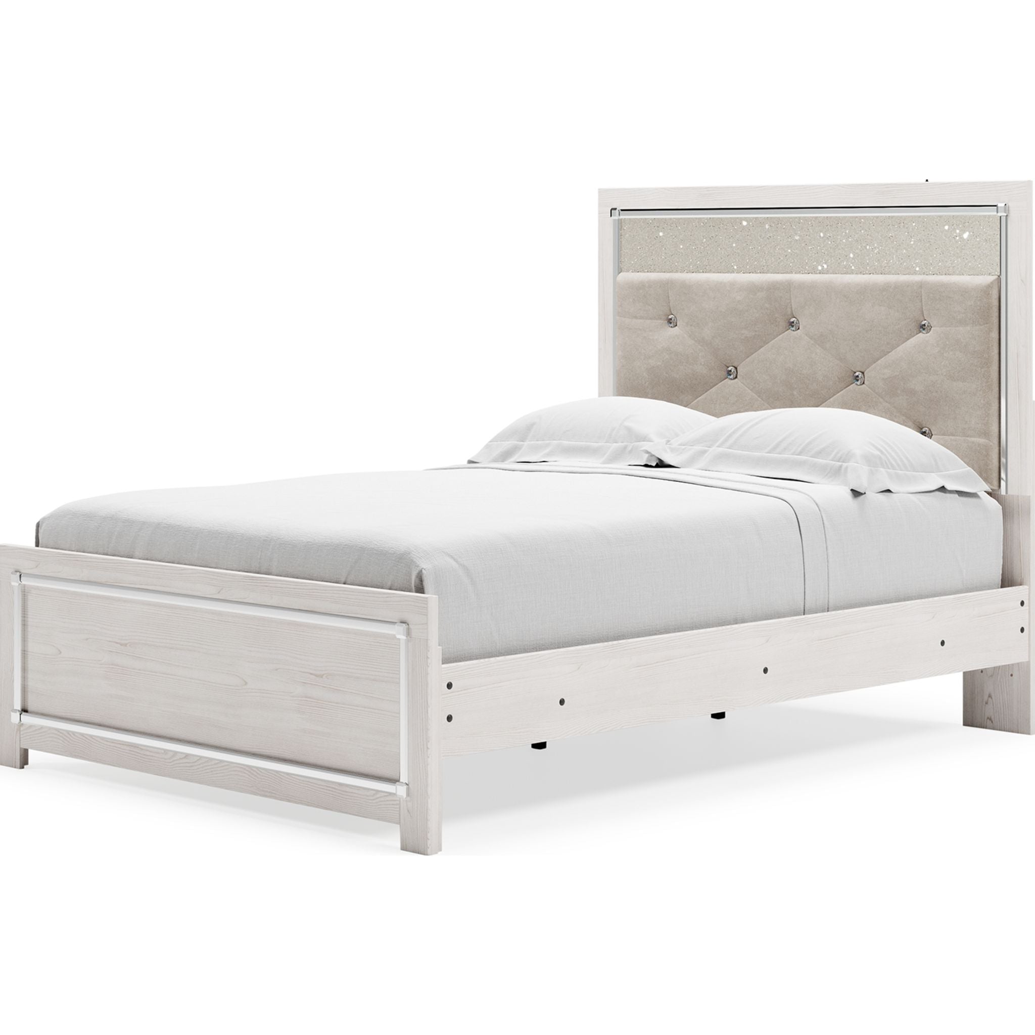 Altyra White Panel Bed Frame - Queen Size, Modern Platform Bed with Upholstered Headboard for Bedroom Decor