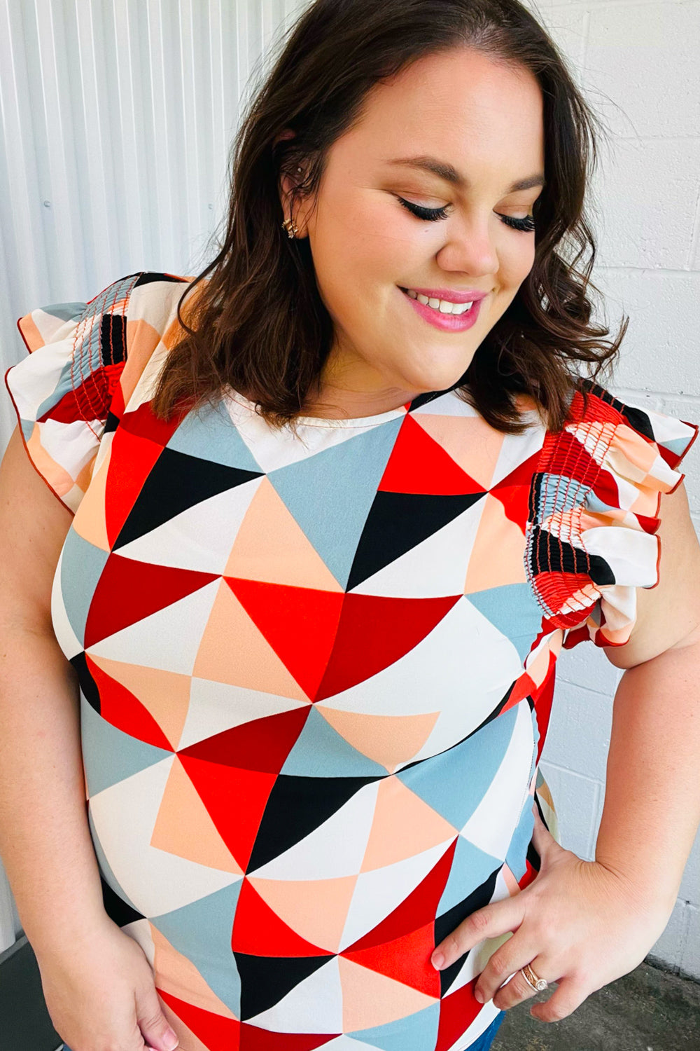 Stylish Burnt Orange Geo Print Smocked Ruffle Sleeve Blouse for Women | Trendy Casual & Party Wear | Perfect for Date Nights, Office Outfits & Summer Fashion