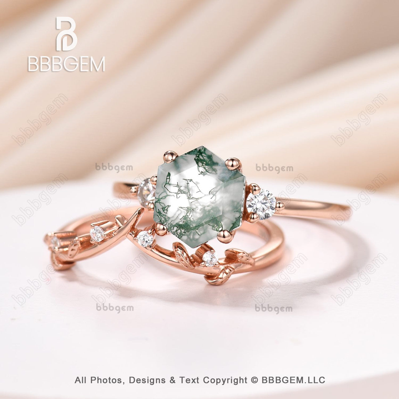 Hexagon Cut Moss Agate Ring Set - Rose Gold 3 Stone Moissanite Engagement Ring for Women | Wedding, Anniversary, Promise Gift Idea