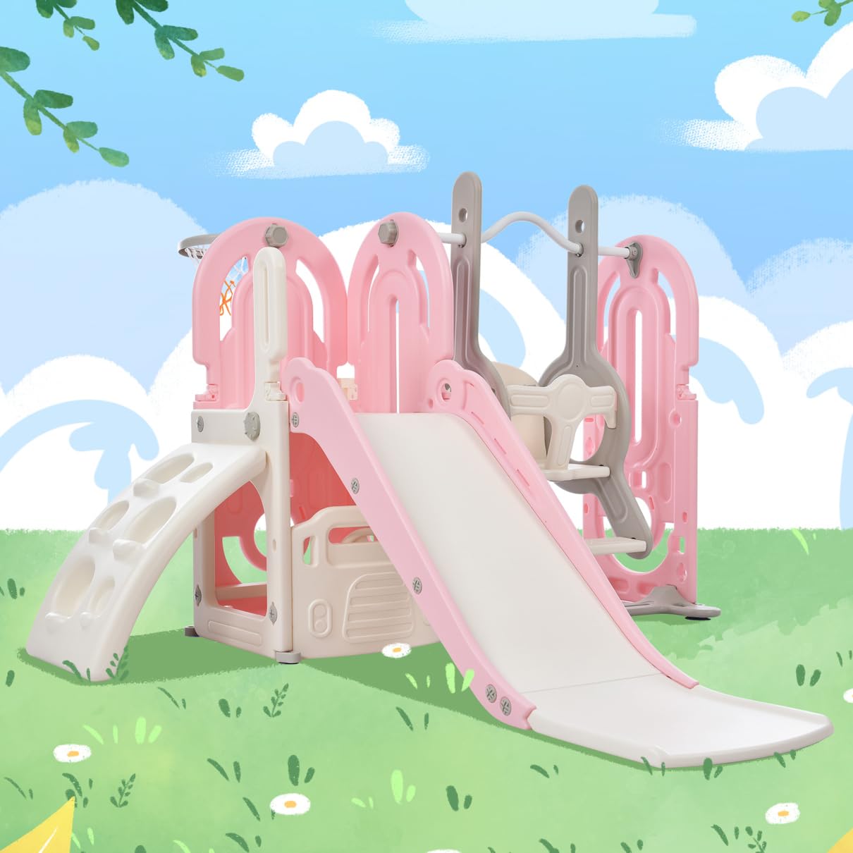5 in 1 Slide and Swing Set for Kids - Outdoor Playground Climber with Basketball Hoop & Bus Steering Wheel - Freestanding Combination Playset for Indoor/Outdoor Use - Perfect for Backyards, Parks & Daycare Centers - Pink