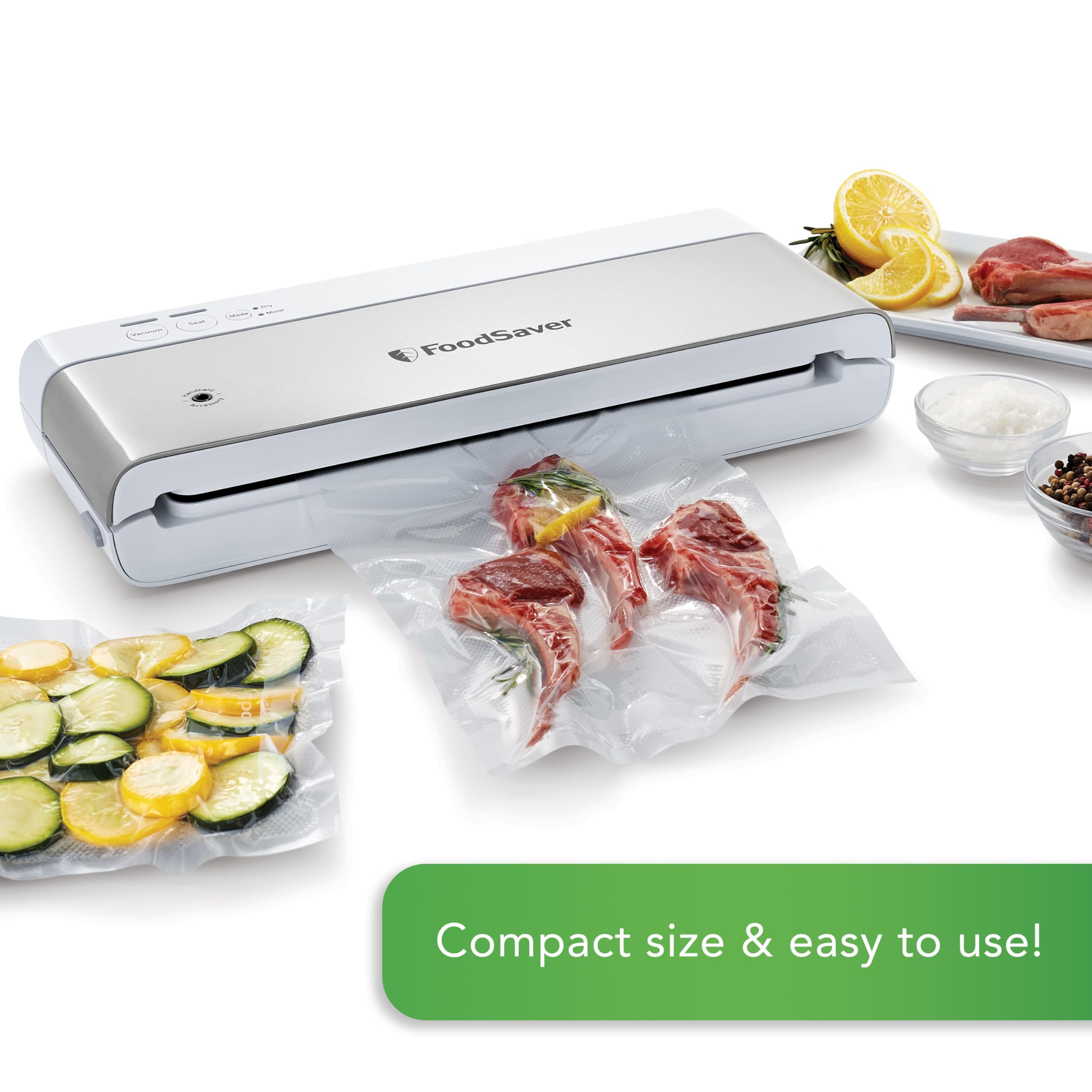 FoodSaver Compact Vacuum Sealer Machine with Airtight Bags & Roll - White | Perfect for Sous Vide Cooking, Meal Prep & Long-Term Food Storage | Preserve Freshness for Fruits, Meats & Leftovers | Kitchen & Camping Essential