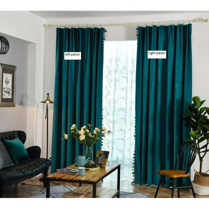 Luxury Plush Velvet Curtains with Pom Pom Lace Trim - Teal Blue Blackout Drapes for Living Room, Bedroom & Nursery - Soft Thermal Insulated Window Treatments for Home Decor