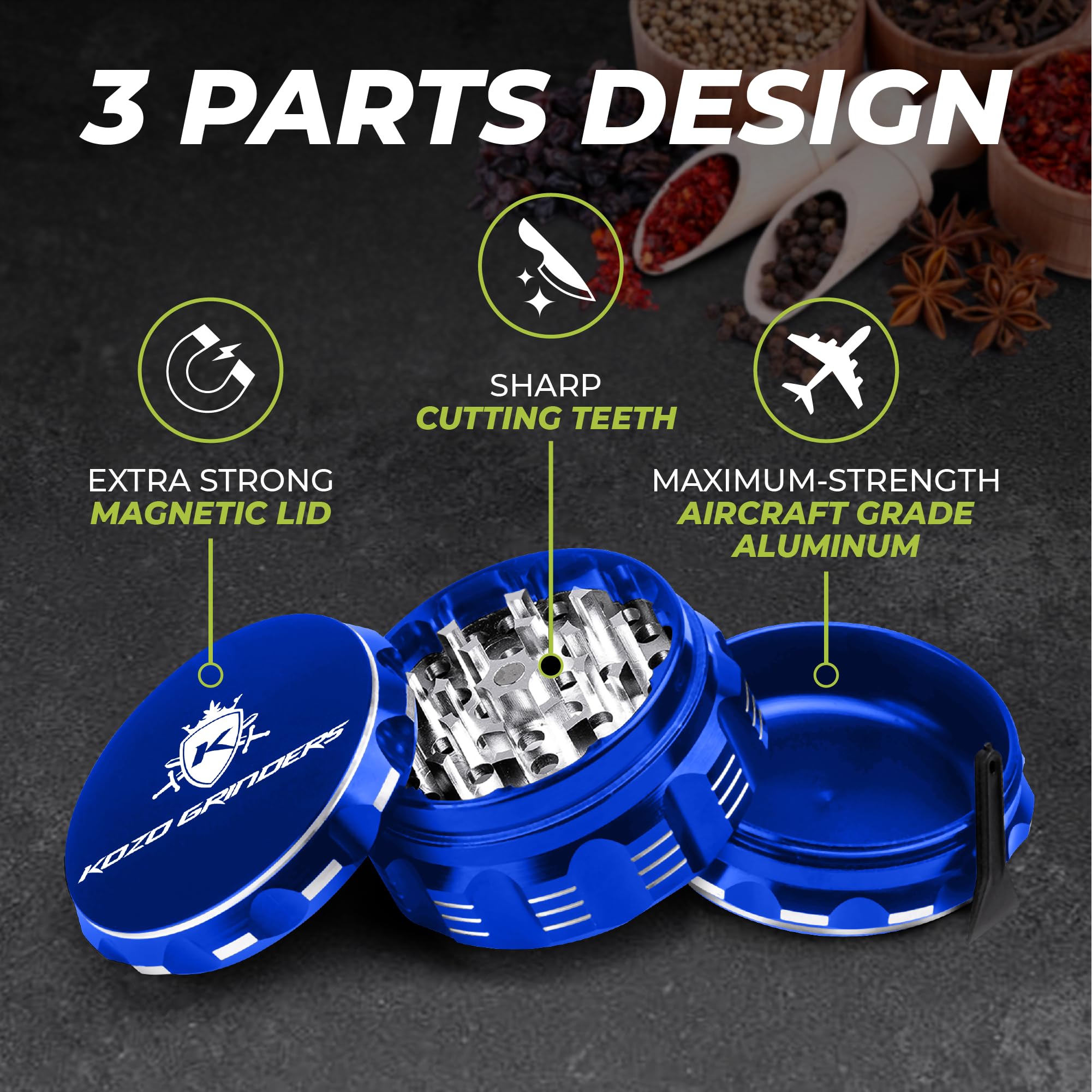 2.5 Inch Herb Grinder - 4 Piece Aluminum Spice Mill with Pollen Catcher (Blue) - Perfect for Grinding Herbs, Spices & Tobacco - Ideal for Cooking, Baking & Smoking Accessories