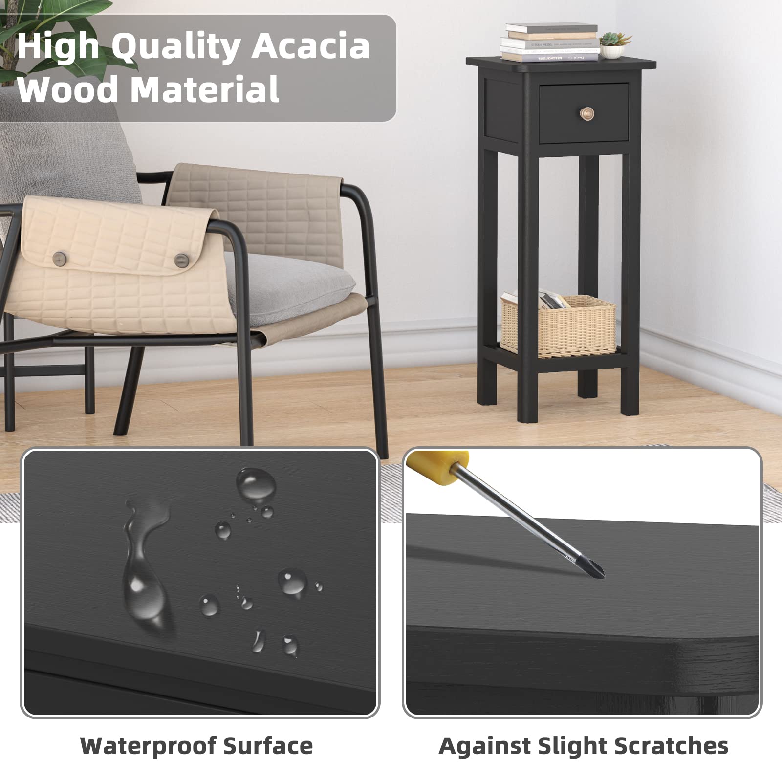 Giantex Set of 2 Tall Narrow End Tables with Drawer and Shelf - Acacia Wood Nightstand & Bedside Table for Small Spaces - No Assembly Required Black - Perfect for Living Room, Bedroom & Apartment Decor