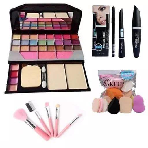 TYA 6155 Women's & Girls' Multicolor Makeup Kit - 5 Pink Brushes, 3-in-1 Eyeliner/Mascara/Eyebrow Pencil, 6-in-1 Sponges (15-Piece Set) | Perfect for Daily Makeup, Travel & Professional Use