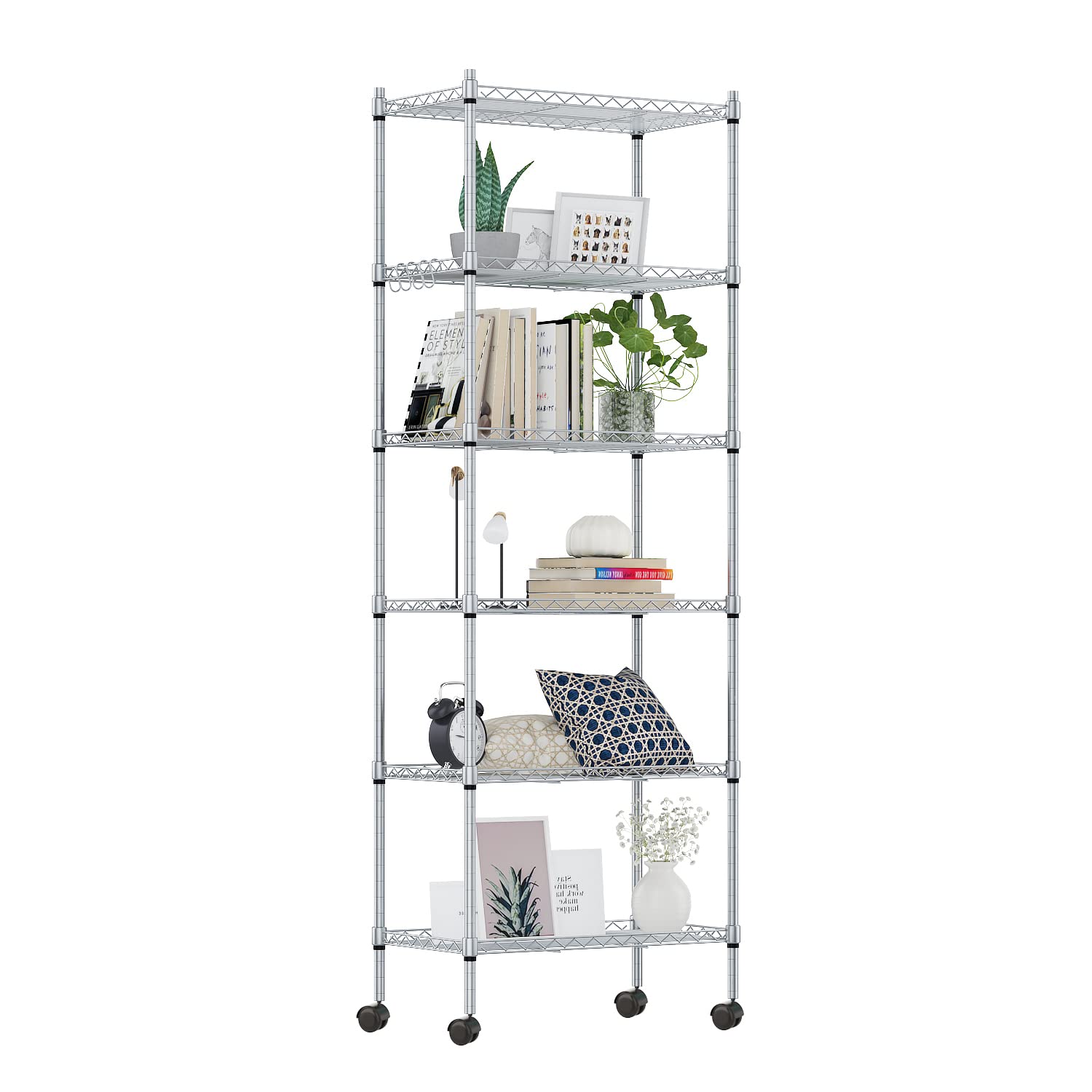 Devo 6-Tier Heavy Duty Metal Storage Shelf - Adjustable Wire Shelving Unit with Side Hooks for Garage, Kitchen, Pantry Organization (Silver) - Perfect for Home Storage, Warehouse & Office Use