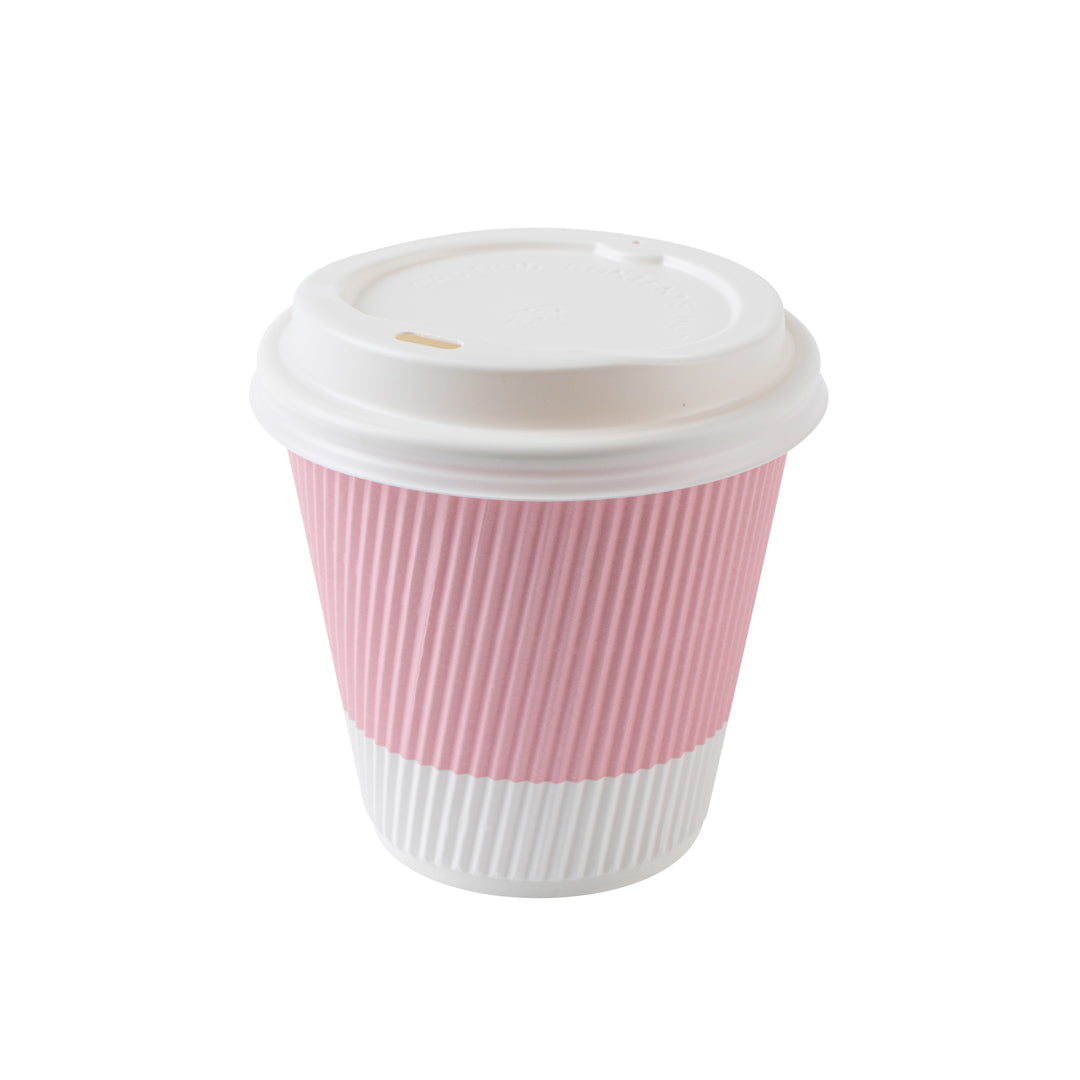 8 oz Light Pink Ripple Wall Coffee Cups with White Lids - 3.5