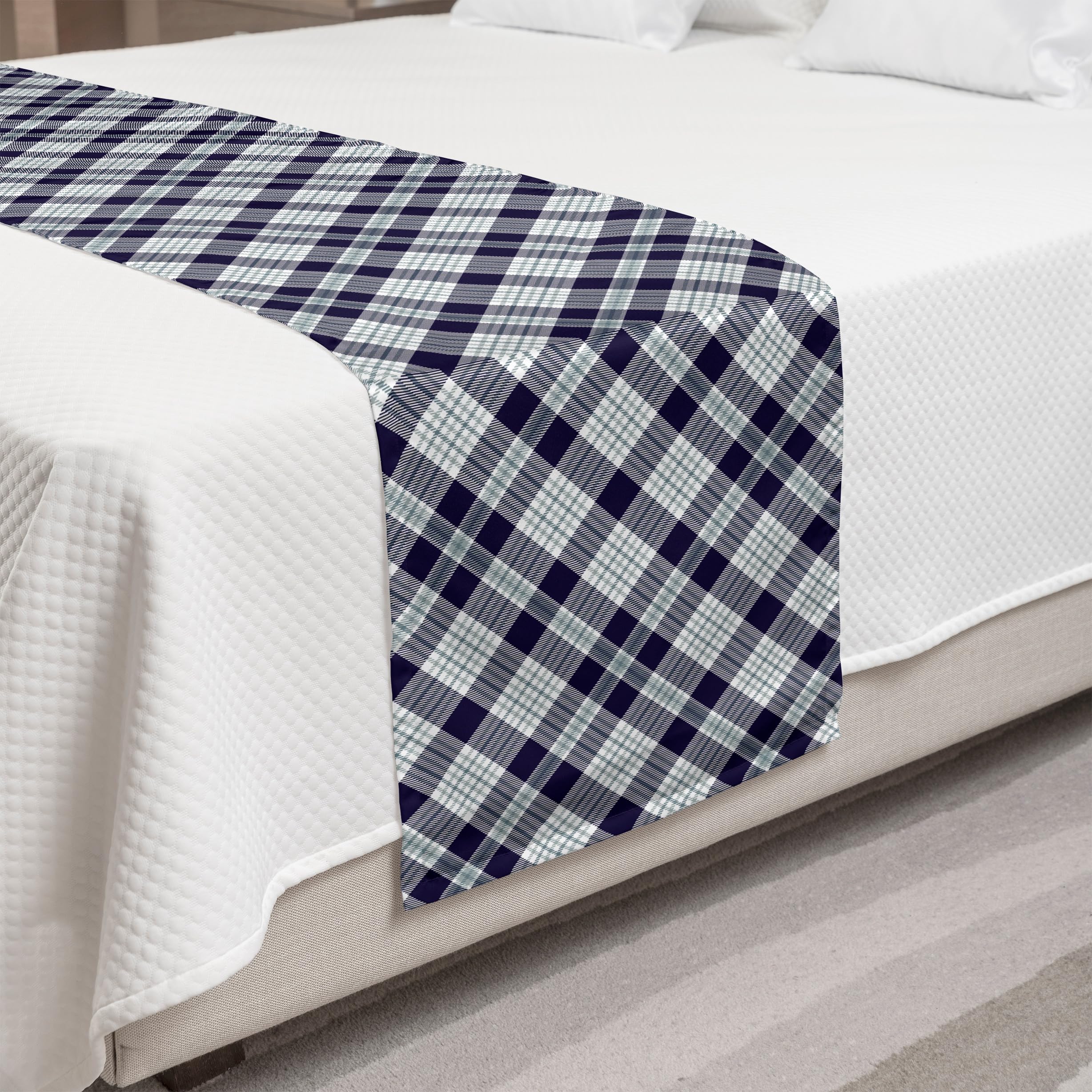 Ambesonne Navy Plaid Bed Runner - Traditional Fashion Print with Blue Grey Sea Green Lines - Decorative Accent Bedding Scarf for Hotels, Homes & Guestrooms - Perfect for Bedroom Decor, Sofa Cover or Table Runner