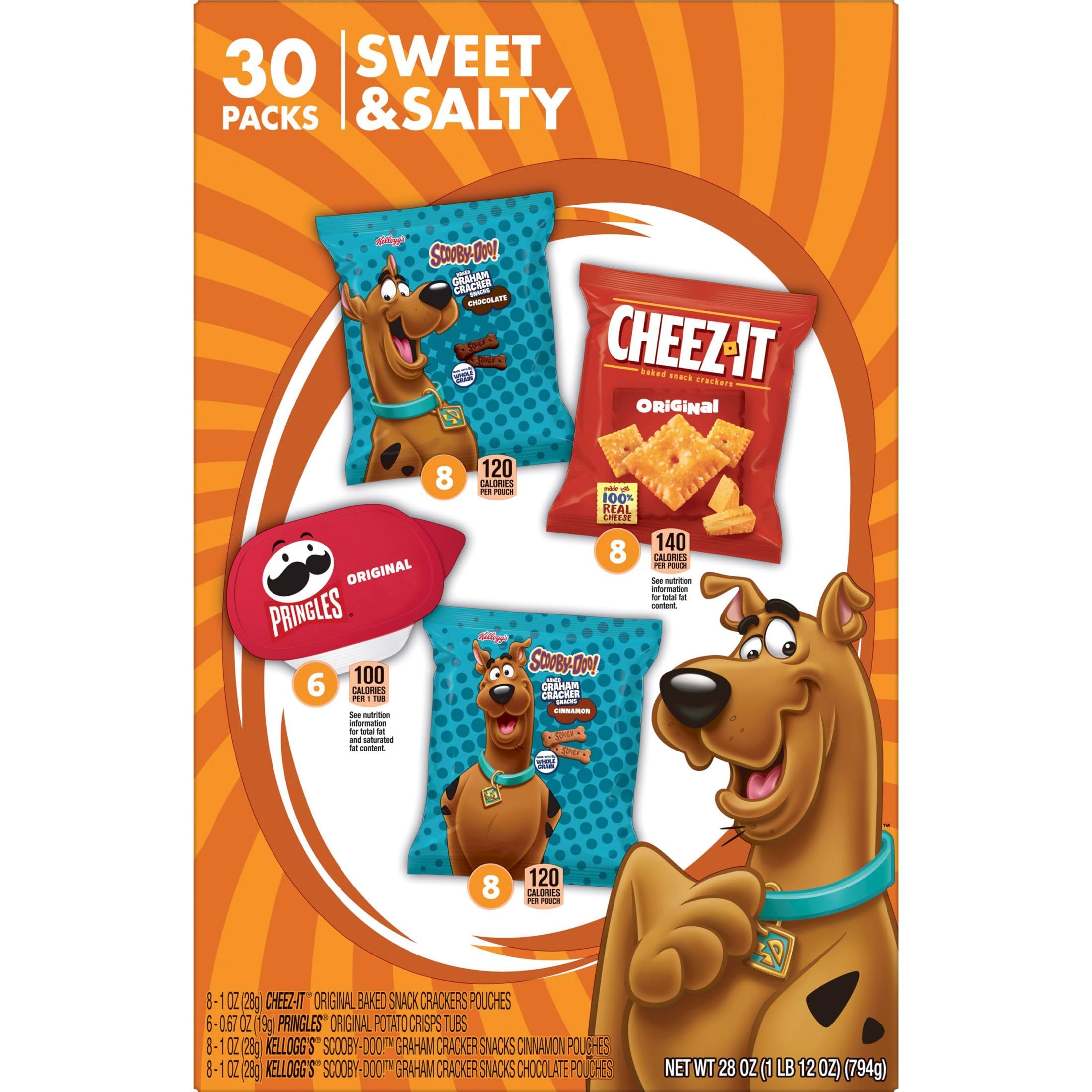 Kellogg's Cheez-It, Pringles & Scooby-Doo Sweet and Salty Snacks Variety Pack - 28oz Box (30 Count) | Bulk Snack Box for Parties, School Lunches & Office Break Rooms
