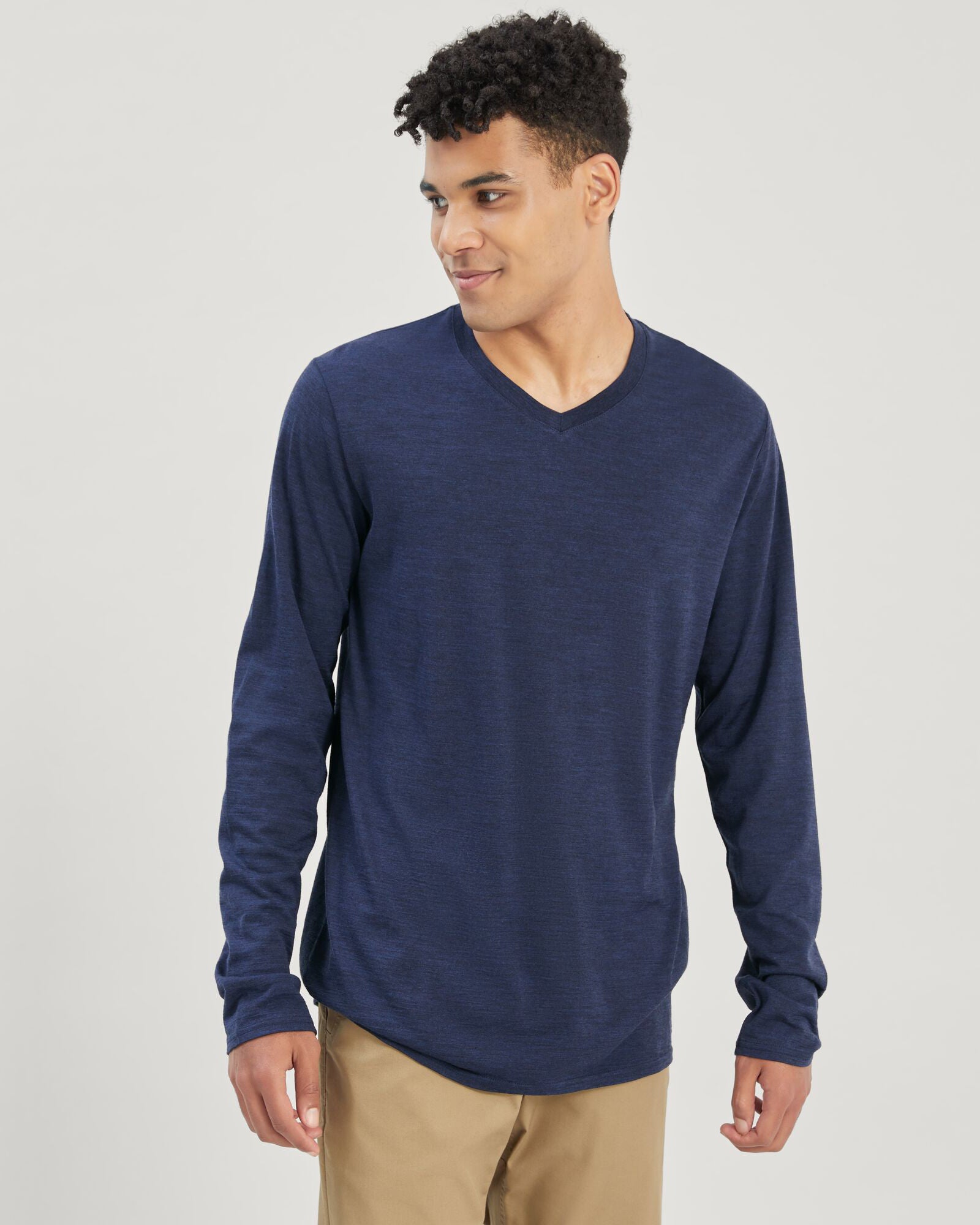100% Merino Wool Men's Long Sleeve V-Neck Shirt - Midnight Navy Marle - Perfect for Hiking, Travel & Winter Layering