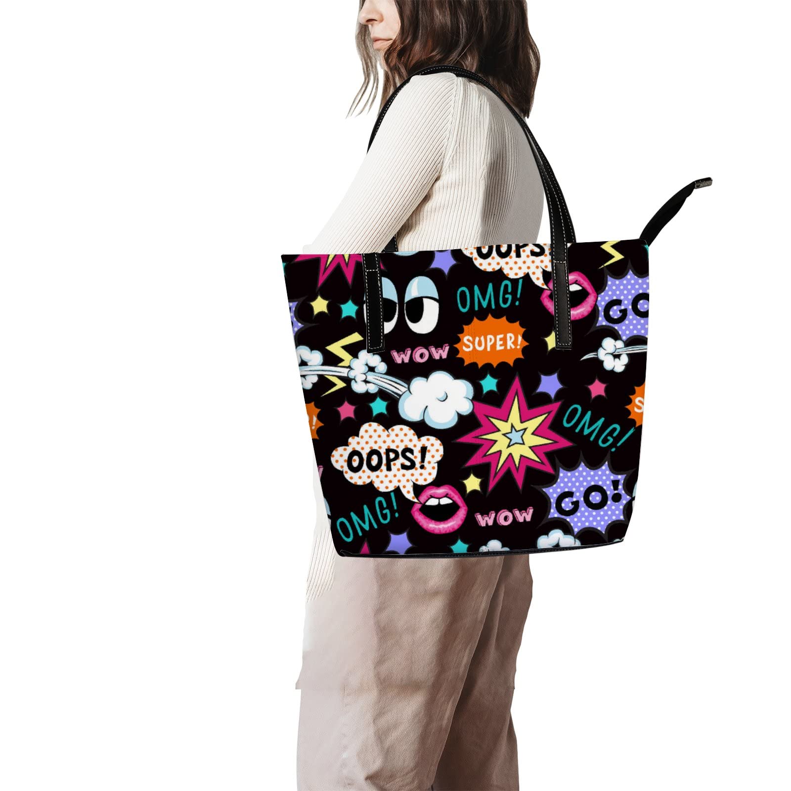 Stylish Black and White Pop Art Leather Tote Bag for Women - Fashionable Crossbody & Work Handbag with Zipper - Perfect for Office, Travel, and Everyday Use