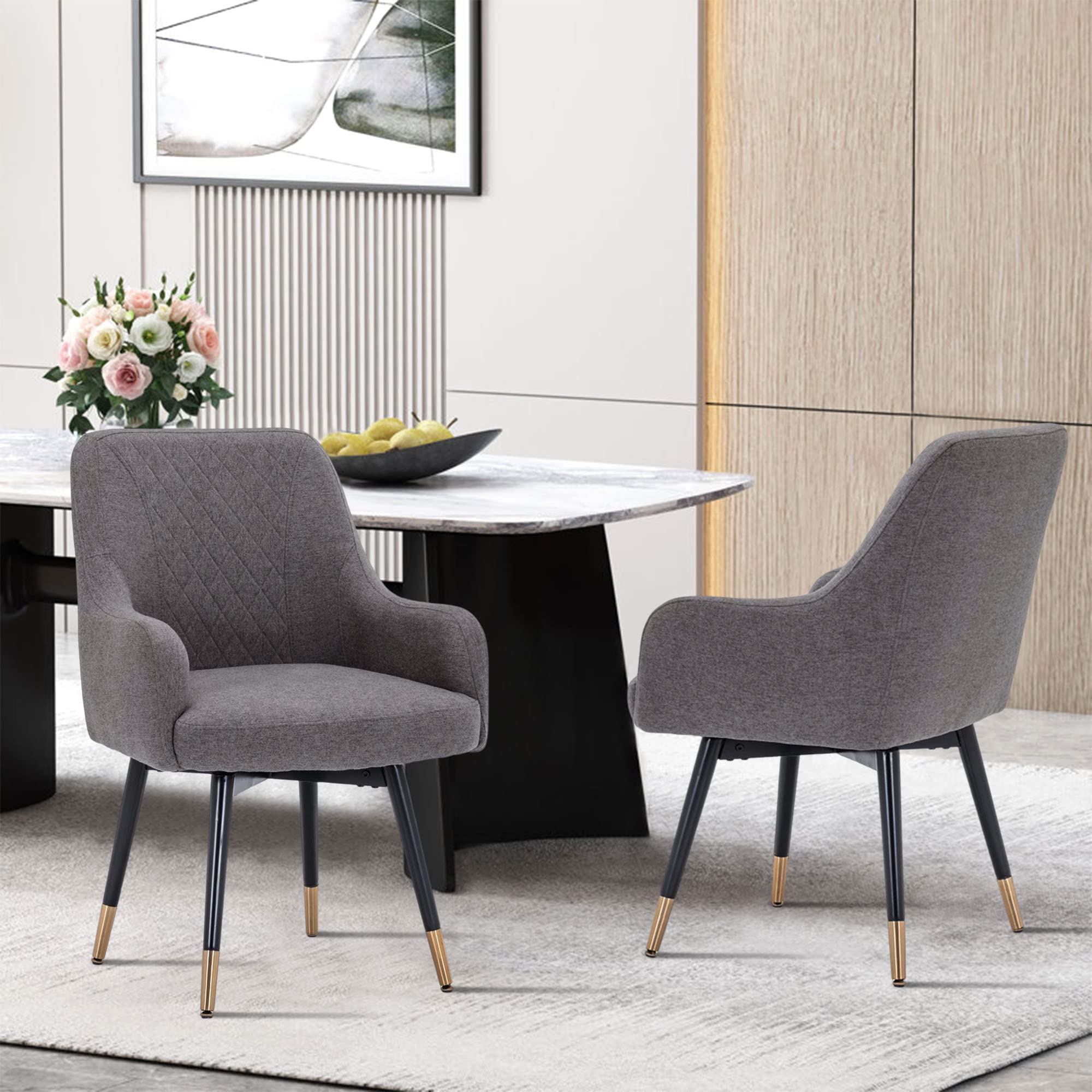 Yongchuang Swivel Upholstered Dining Chairs with Arms, Set of 2 - Modern Accent Chairs for Kitchen, Dining Room & Living Room - Comfortable Gray Armchairs for Home Decor, Entertaining & Relaxation