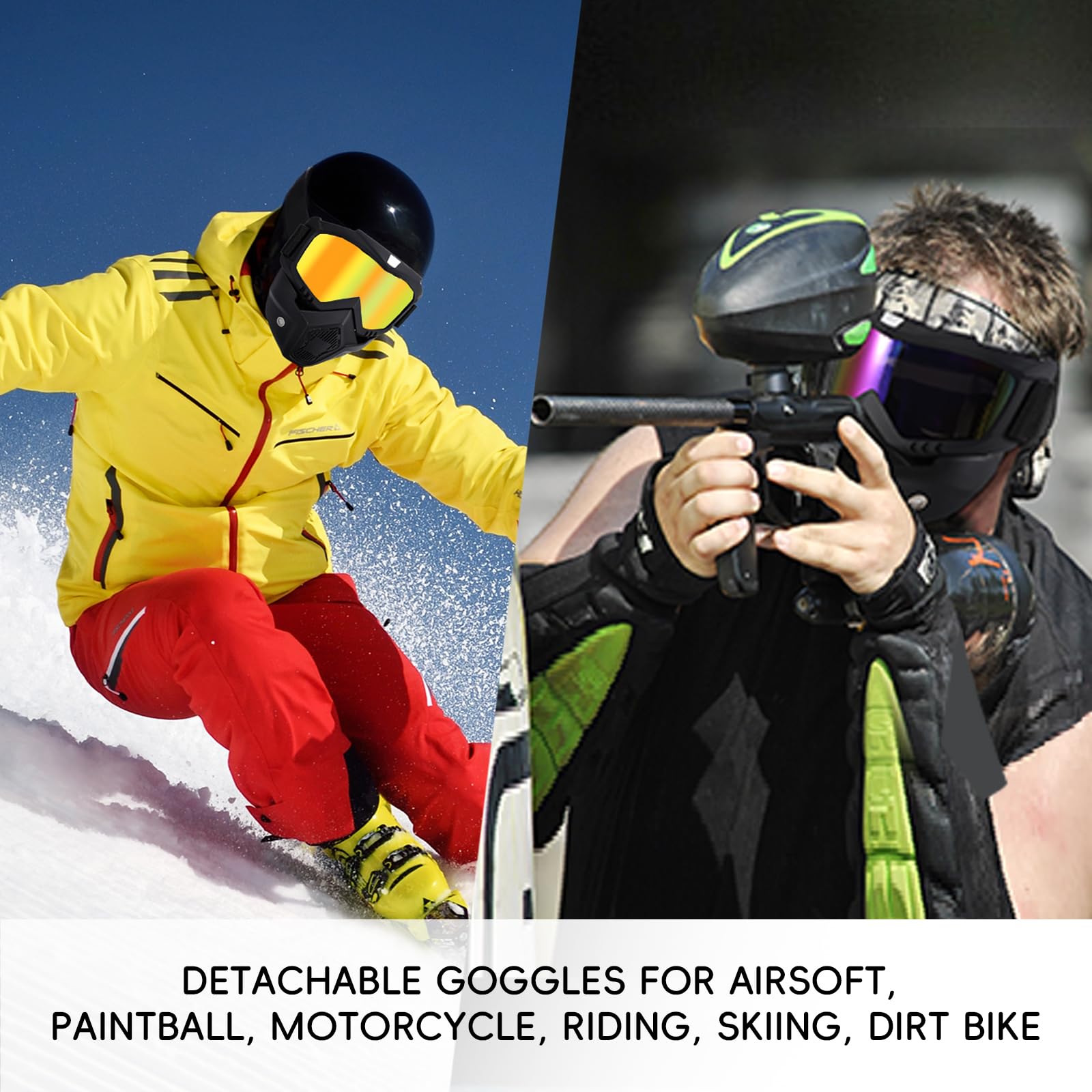 Anti-Fog Motorcycle Goggles - Detachable Paintball & Airsoft Mask for Skiing, Dirt Bike & ATV Riding - Protective Face Gear for Outdoor Sports & Extreme Activities
