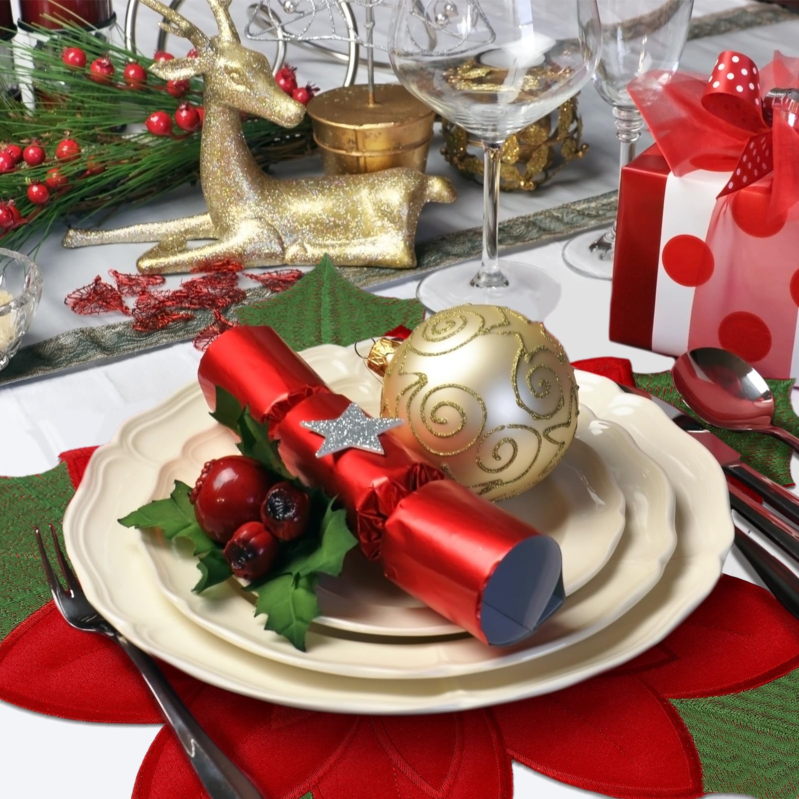6 Pcs Christmas Poinsettia Embroidered Placemats - Double Layer Holiday Table Mats with Red Applique for Dining Table Decor, Christmas Party, and Festive Home Decoration